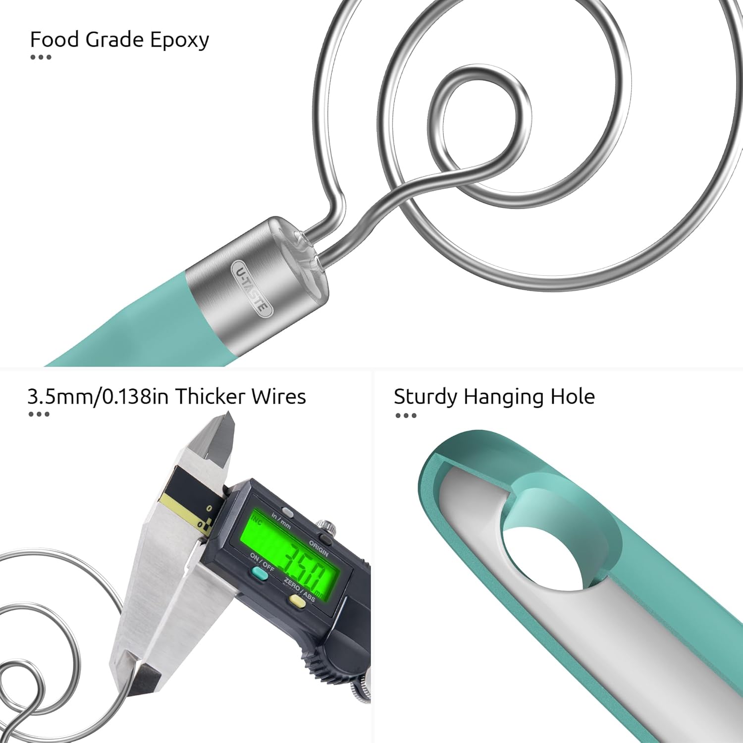 U-Taste 12.6in Danish Dough Whisk: 18/8 Stainless Steel Heavy-Duty Sourdough Mixer Tool, Food Grade Dutch Style Seamless Bread Wisk, Sturdy for Mixing, Stirring, Kneading Thick Batter (Aqua Sky) - Image 6