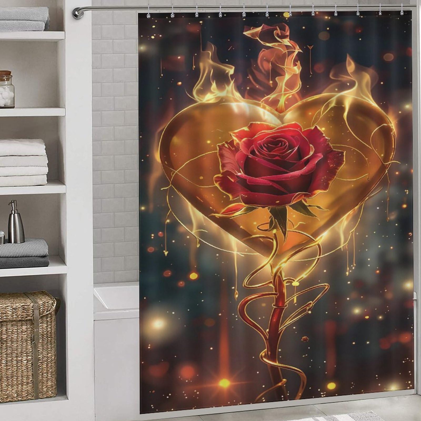 PAZZK Rose Fabric Shower Curtain, Bathroom Shower Curtains with Hooks, Waterproof Polyester, Washable Shower Curtain for Bathroom 66x72Inch（168x183cm）