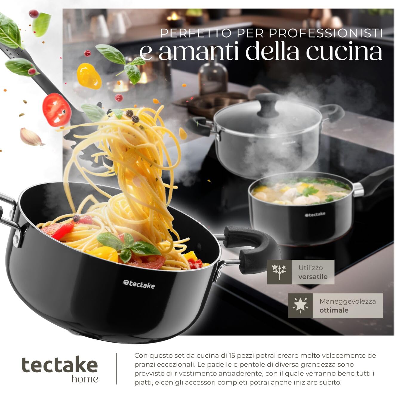 tectake® Set di Pentole Antiaderenti 15 Pezzi, Batteria di Pentole e Padelle in Alluminio Robusto, Coperchi in Vetro con Foro di Sfiato, Batteria Pentole con Manici Resistenti al Calore - Nero