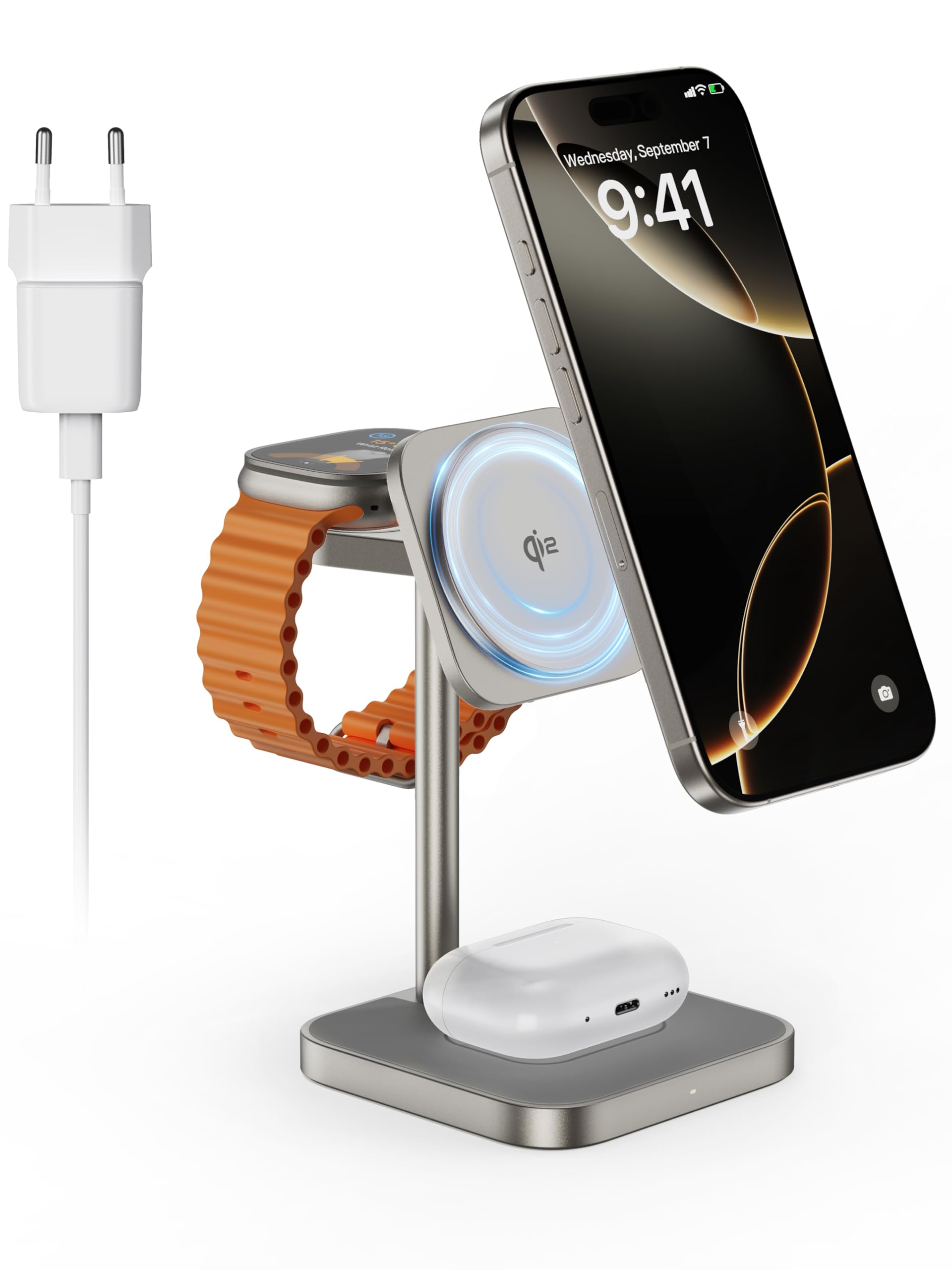 LULULOOK [Certificato Qi2] stazione di ricarica per Apple Watch e iPhone, in alluminio 3 in 1 con ricarica rapida da 15 W, per iPhone 17/16/15/14/13/12, 5W per Apple Watch Ultra 3 2 1, AirPods Pro 3