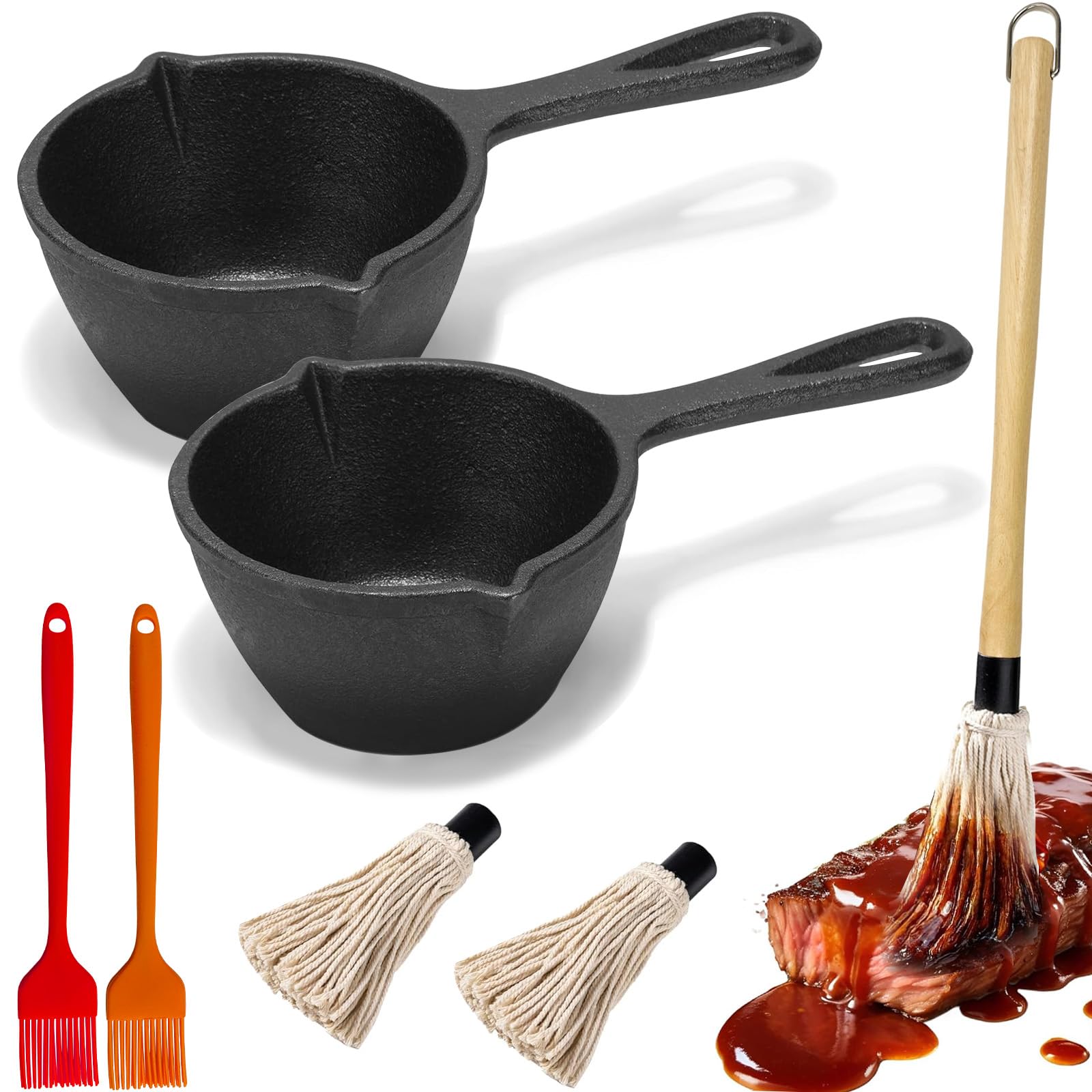 Cast Iron Saucepan, BBQ Mop Brush Set for Grilling BBQ Basting Set with Mini Cast Iron Sauce Pot and Brush Barbecue Accessories