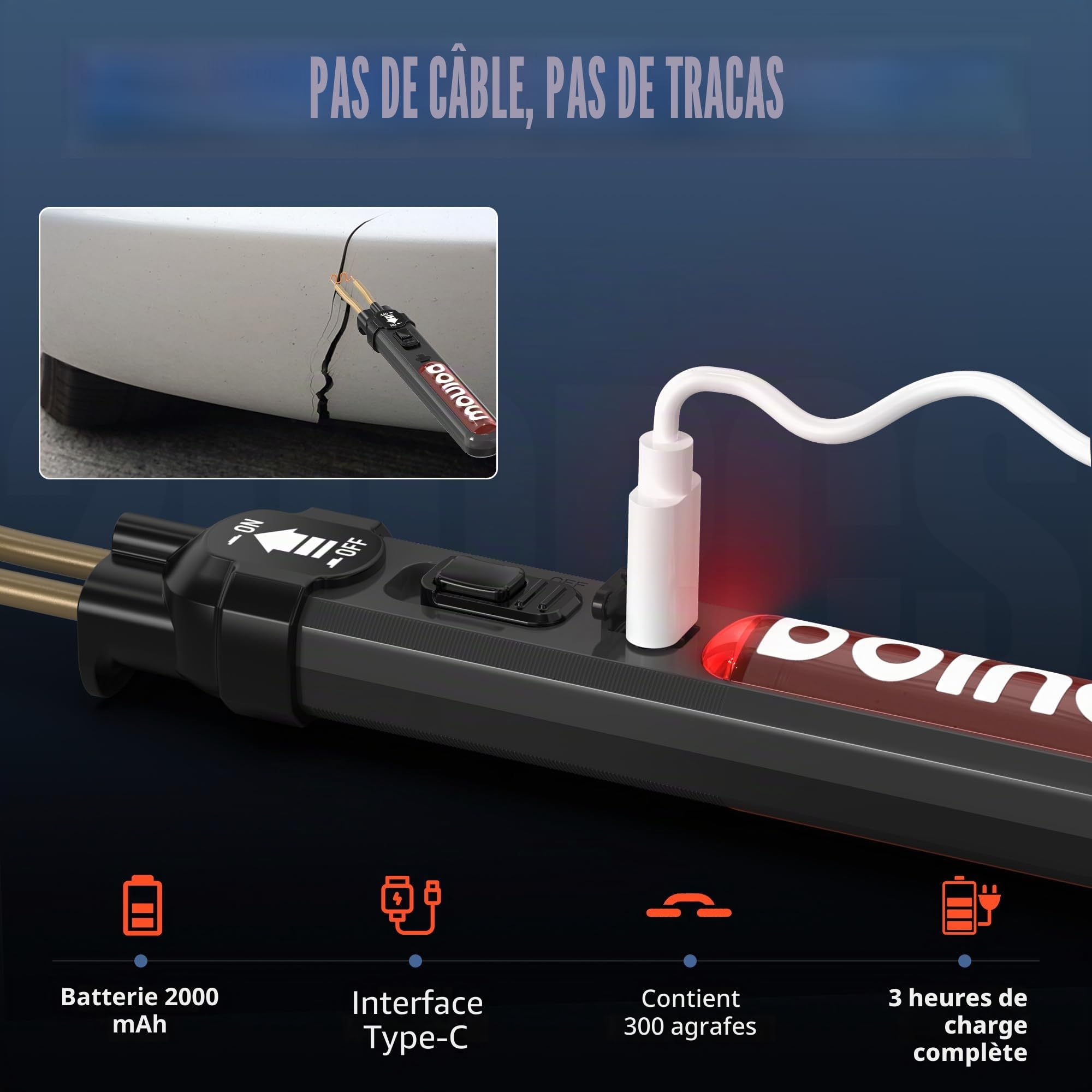 Kit de soudure plastique sans fil, 300 agrafes de soudage plastique, interrupteur marche/arrêt, chargement USB-C, soudeuse plastique pour la réparation des plastiques des pare-chocs automobiles