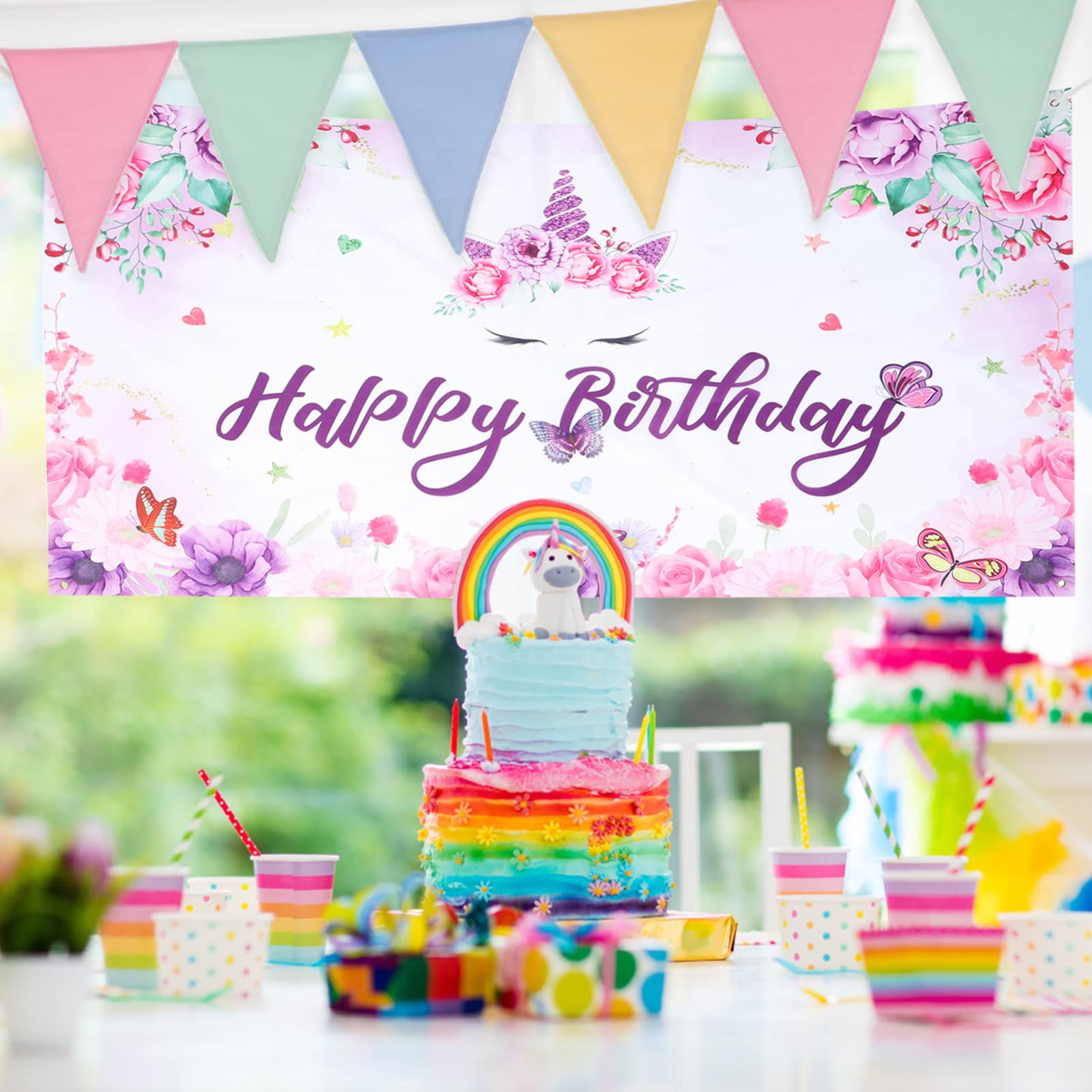 PRETYZOOM 3 Stücke Geburtstag Banner Hängen Flaggen Nacht Nette Geburtstag Fotografie Hintergrund Einhorn Hintergrund Party Lametta Alles Zum Banner Fringe Polyester