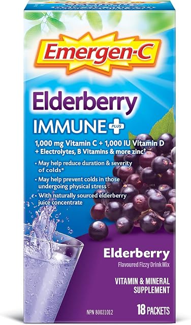 Emergen-C Poudre De Vitamine C Supplément, Mélange À Boire Avec Électrolytes, Immunité Plus, Sureau, 18 Sachets