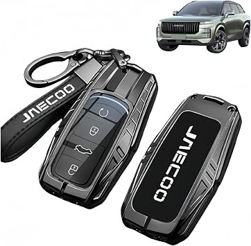 Jaecoo 7 Key Fob Holder, Glowing Logo, Jaecoo 7 Car Accessories for Chery for Jaecoo J7 J8, Car Key Cover with 5-Layer Defense, Gun Metal Alloy With Lanyard