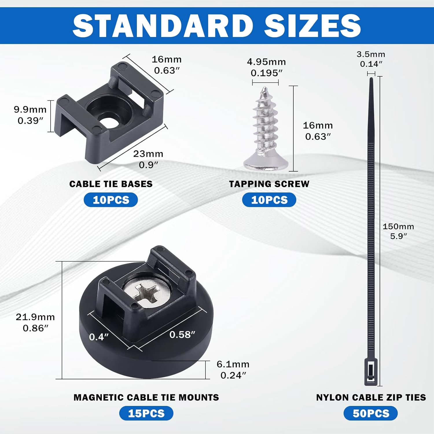 15 PCS Magnetic Zip Tie Mounts, Black Magnetic Wire Holder Multipurpose & Releasable Nylon Cable Ties & Cable Tie Mounts Base and Tapping Screws for Car and Office Supplies(85 Pcs 22mm)