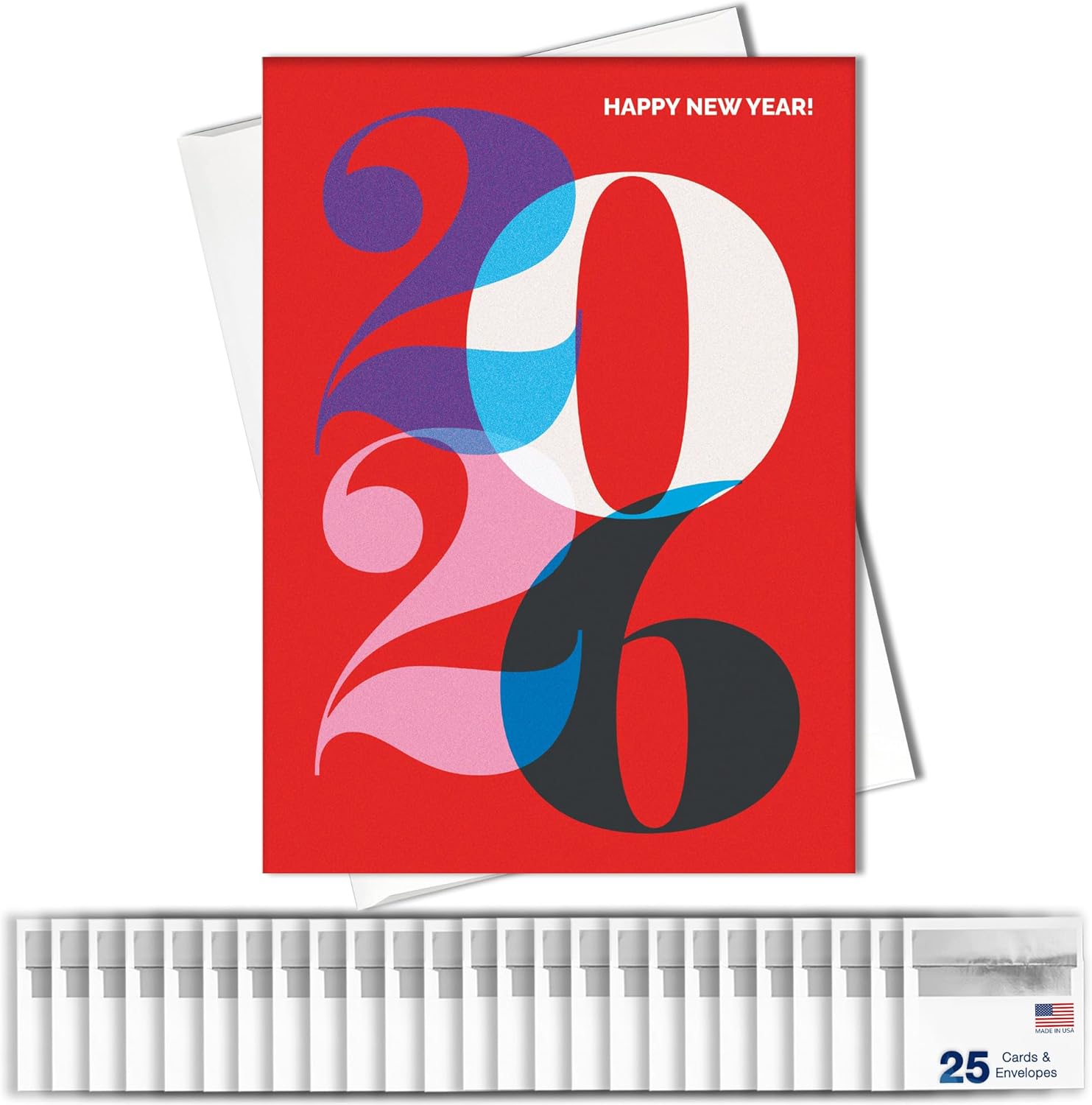 Happy New Years Cards with Silver Foil Envelopes for Business & Family (Time Stack) 25 Pack Bulk Greeting Card 2026 New Year Set (5x7 inch) Office, Work Employees & Clients (N2417) Made in USA