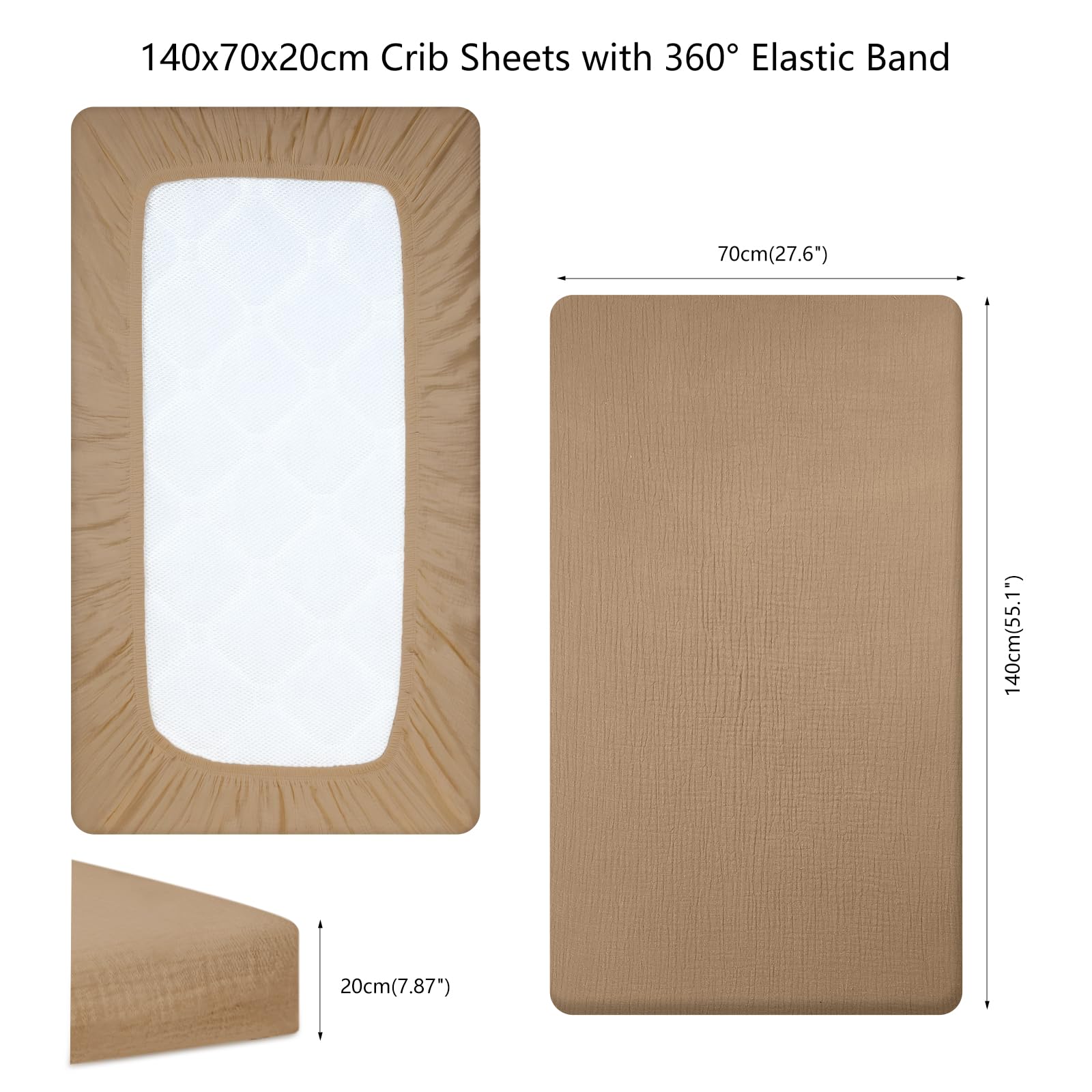 Kinder Spannbettlaken 70x140 cm, Musselin Baumwolle Bettlaken Kinderbett, Weich und Atmungsaktiv Matratzenschoner Laken für Beistellbett Babybetten Kinderbett, 2er Pack, Hellbraun