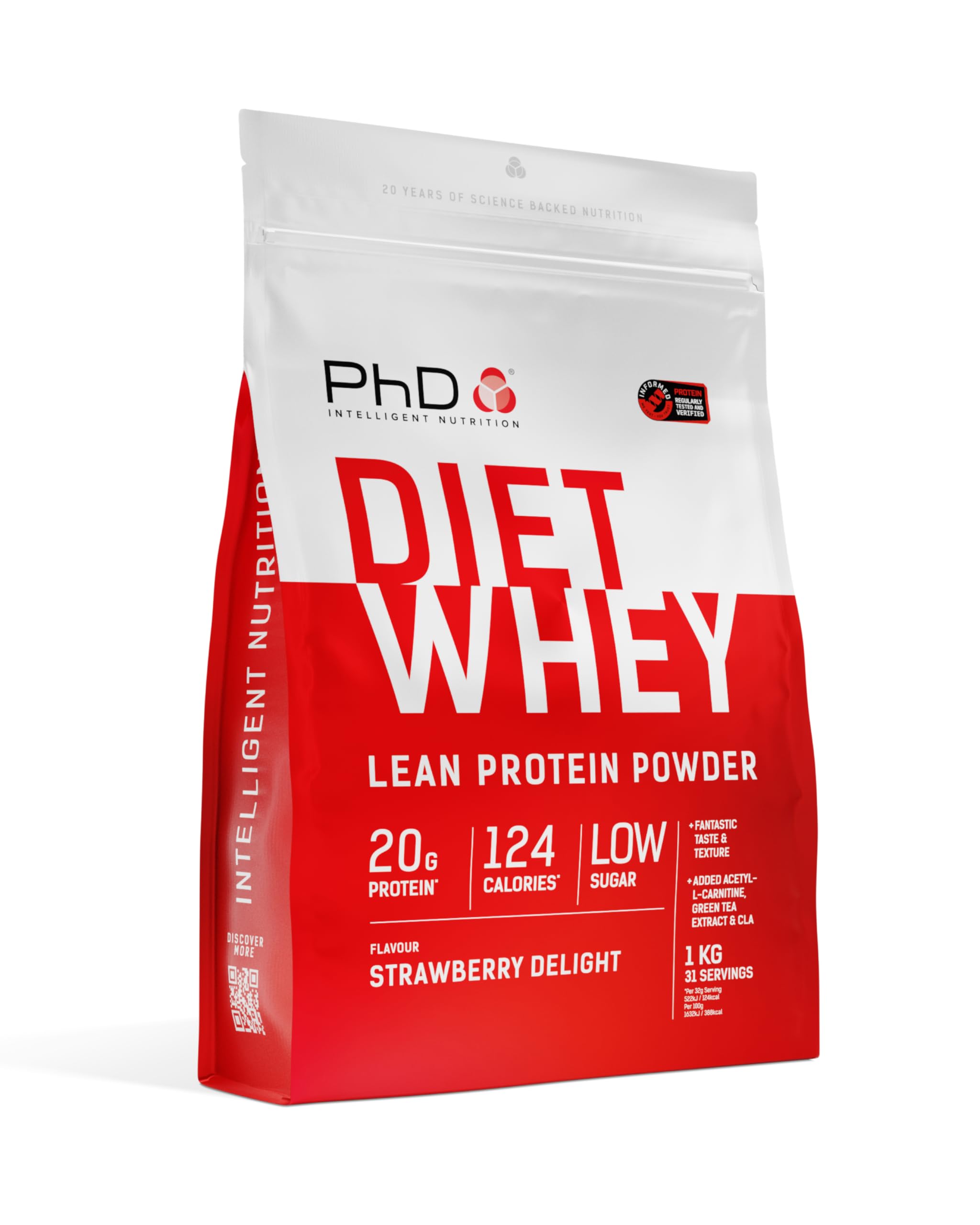 PhD Nutrition Diet Whey Low Calorie Protein Powder, Low Carb, High Protein Lean Matrix, Strawberry Delight Diet Whey Protein Powder, High Protein, 40 Servings Per 1 kg Bag