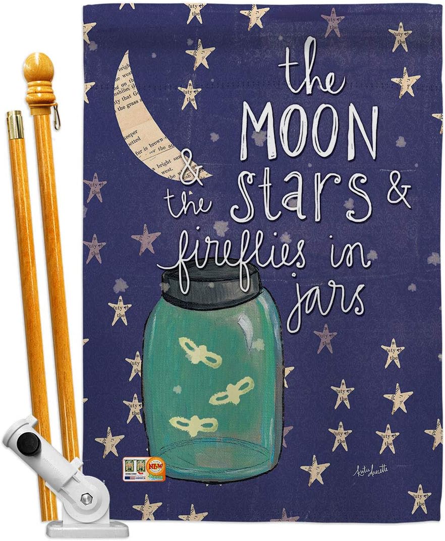 Moon Stars Fireflies Jars House Flag Dowel Set Sweet Life Expression Spiritual Hope Love Wisdom Support Emotion Postive Small Decorative Gift Yard Banner Made In USA 28 X 40