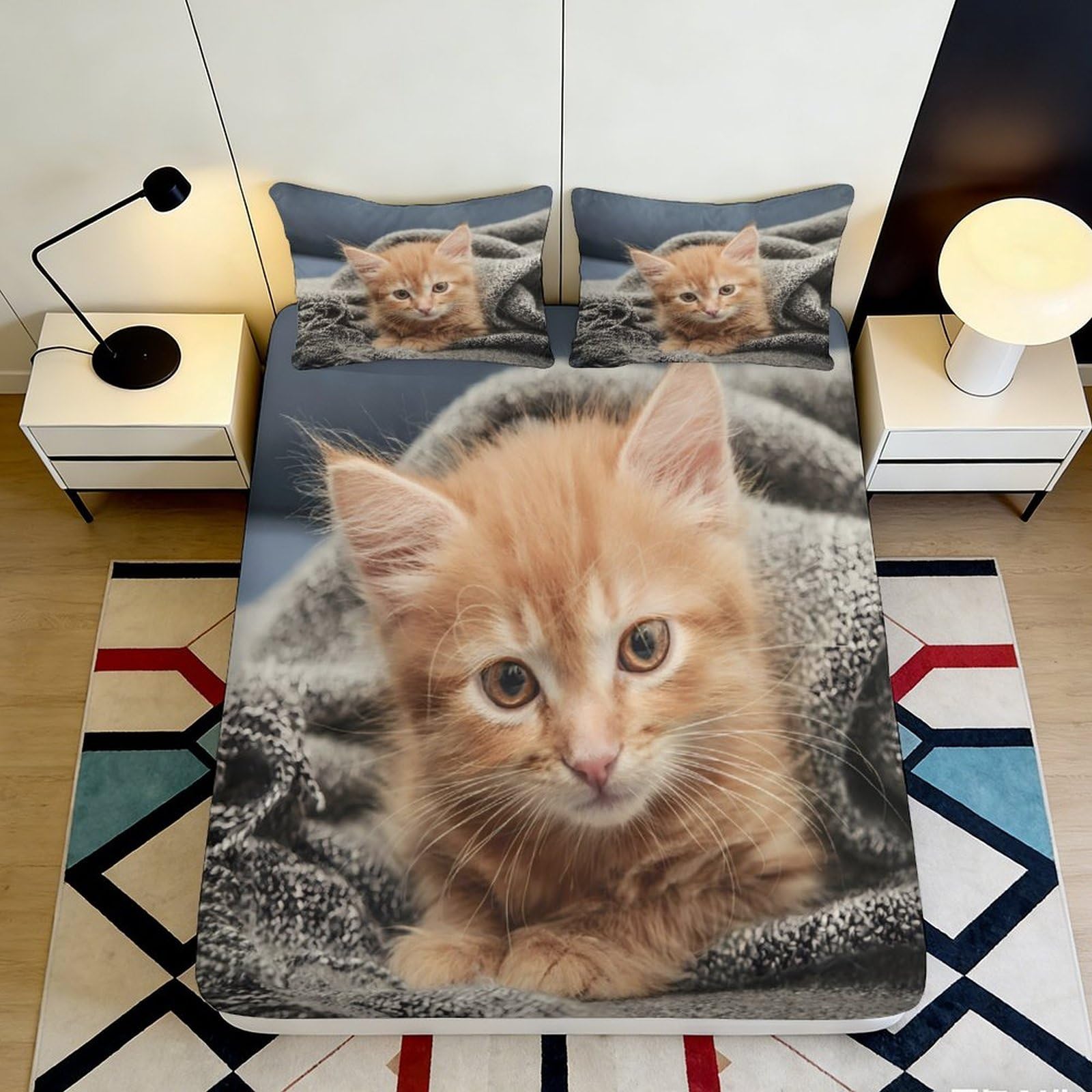 Pnayamiorkfel Style-6 3D Printed Ginger Cat Fitted Sheet Microfiber Soft Breathable Kitten Bed Cover For Bedroom Guest Room Decor Protection 90X200x25cm