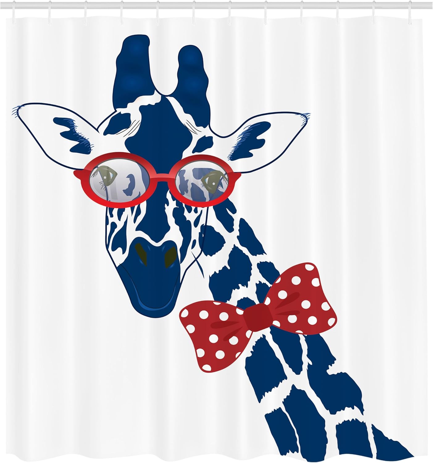 Ambesonne Giraffe Shower Curtain, Hipster Animal Neck Bowtie and Nerd Glasses Cartoon Fauna Composition, Cloth Fabric Bathroom Decor Set with Hooks, 69" W x 70" L, Blue Vermilion and White