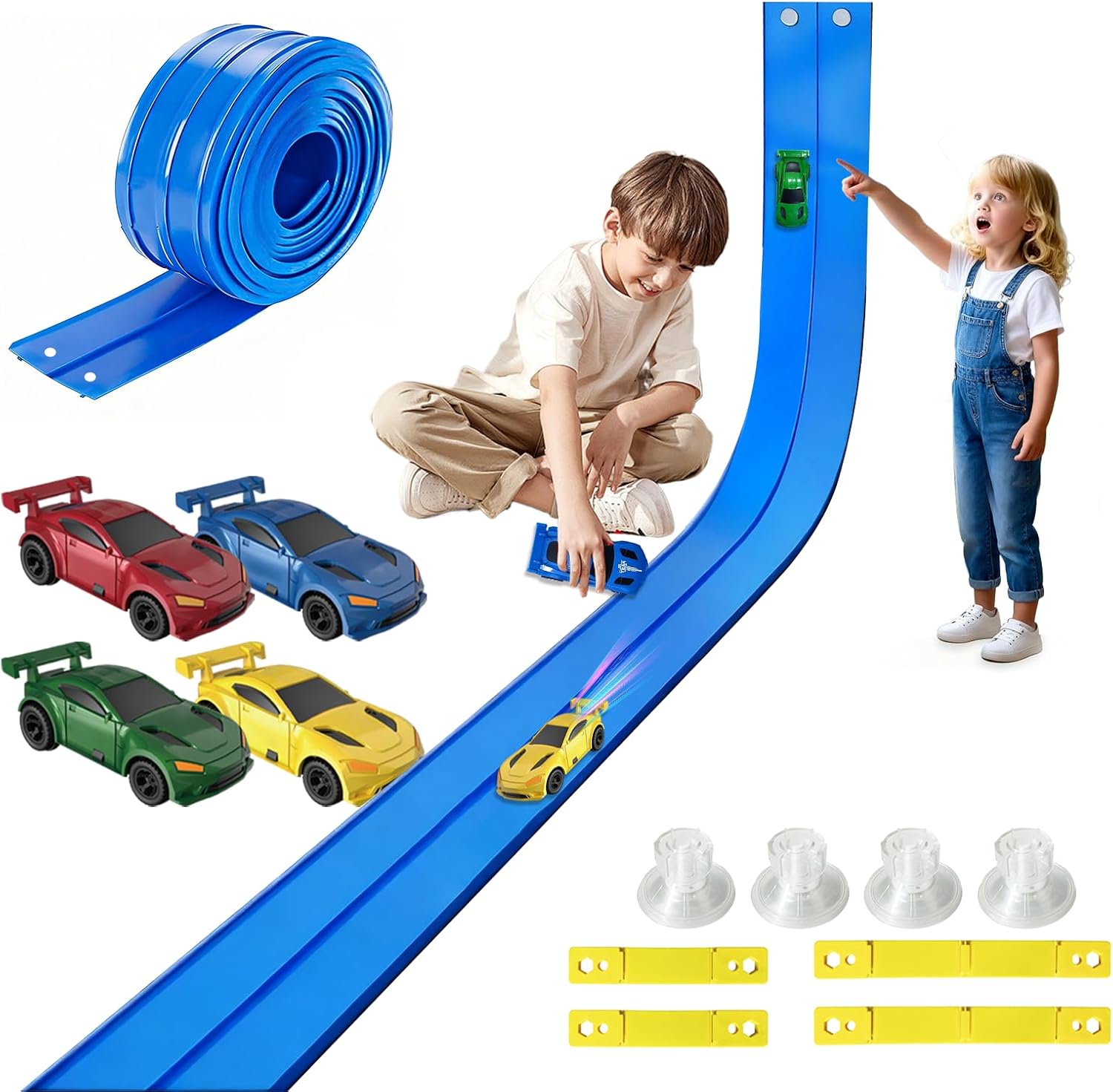 RedCrab Flexible Race Track for Kids 3+,16.4 Ft Flexible Race Car Ramp Track with 4 Cars & 4 Suction Cups, Compatible with 1/64 Diecast Cars, Roll-Up Portable Racetrack, Birthday Gifts for Boys Girls