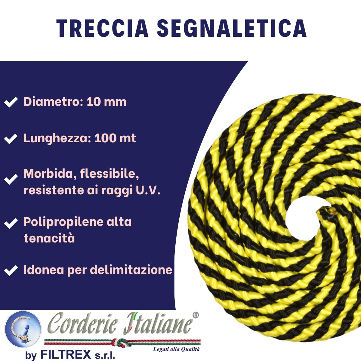 Corderie Italiane, 006024675, Treccia segnaletica giallo/nera 10 mm - 100 mt