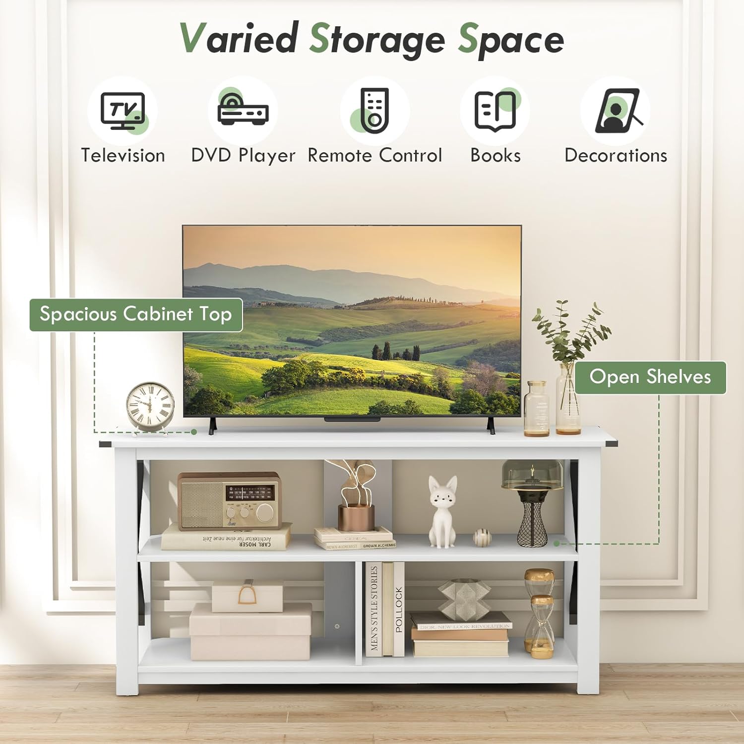 Infographic showing various items that can be stored on the TV stand's spacious cabinet top and open shelves, including a television, DVD player, remote control, books, and decorations.