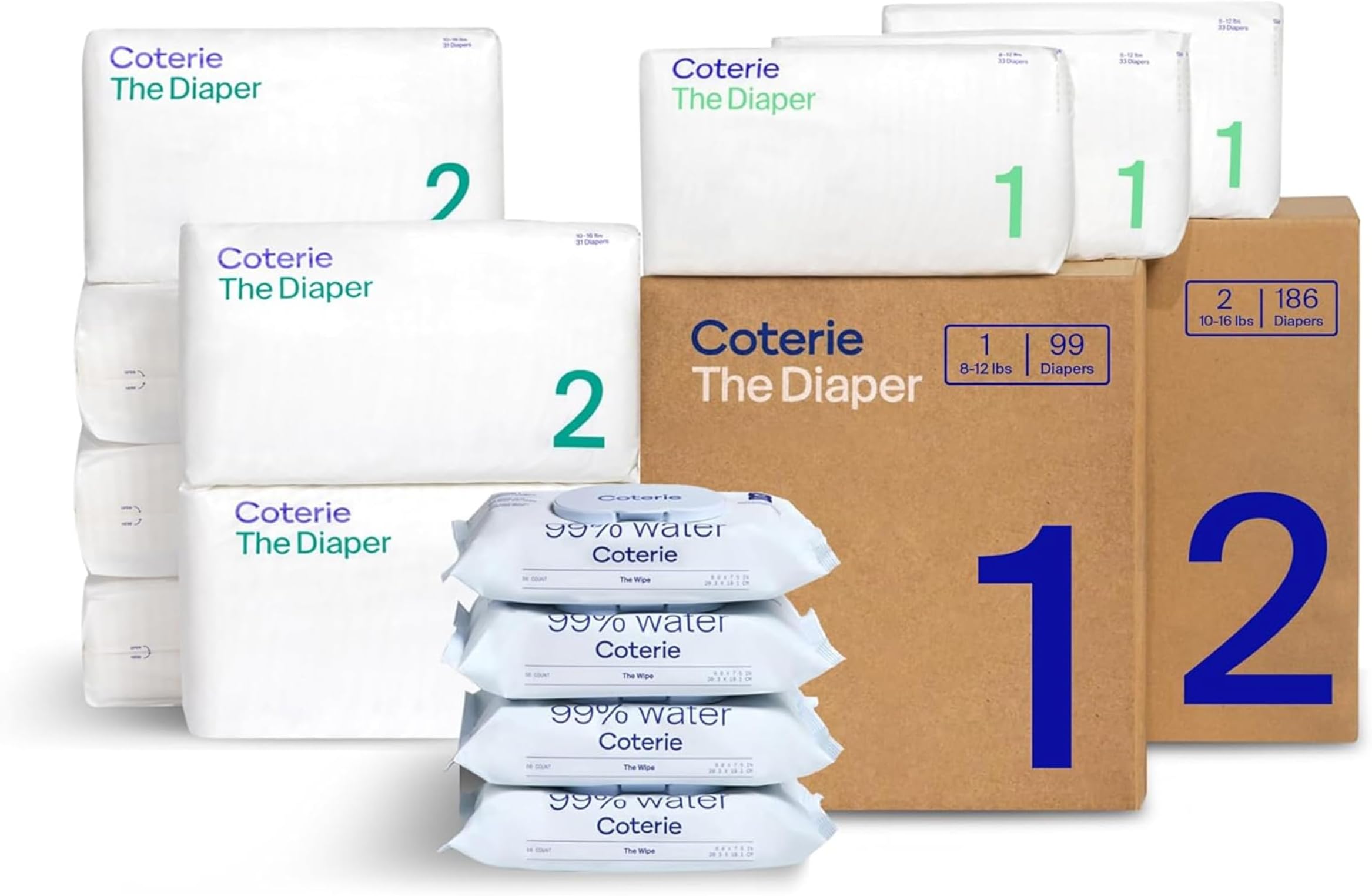 Wet Wipes + Diapers Kit, Size 1 (99 Count) & Size 2 Diapers (186 Count) 4 Pack (224) Wet Wipes 99% Water Plant-Based Supplies