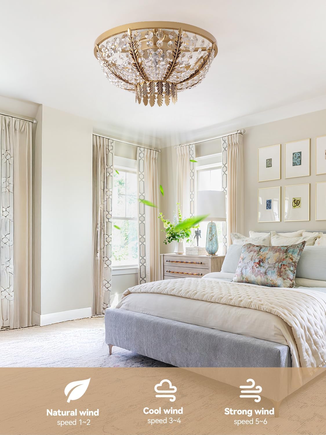 20" Gold Crystal Fandelier Ceiling Fan with Light, Crystal Flush Mount Ceiling Fan with Light Remote Control,Mid-Century Caged Crystal with 6 Speed for Bedroom, Nursery, Living Room