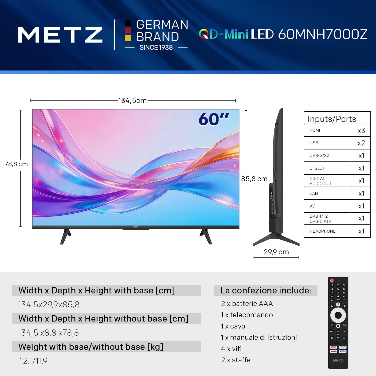 Metz 60 Pollici QD-MiniLED Smart TV con Google TV Full Array Local Dimming QLED Dolby Atmos Dolby Vision MEMC HDR 10+ UHD DVB-T/T2/C/S/S2 HEVC Main10 CI+ (MNH7000Z, 2026 Nuovo Modello)