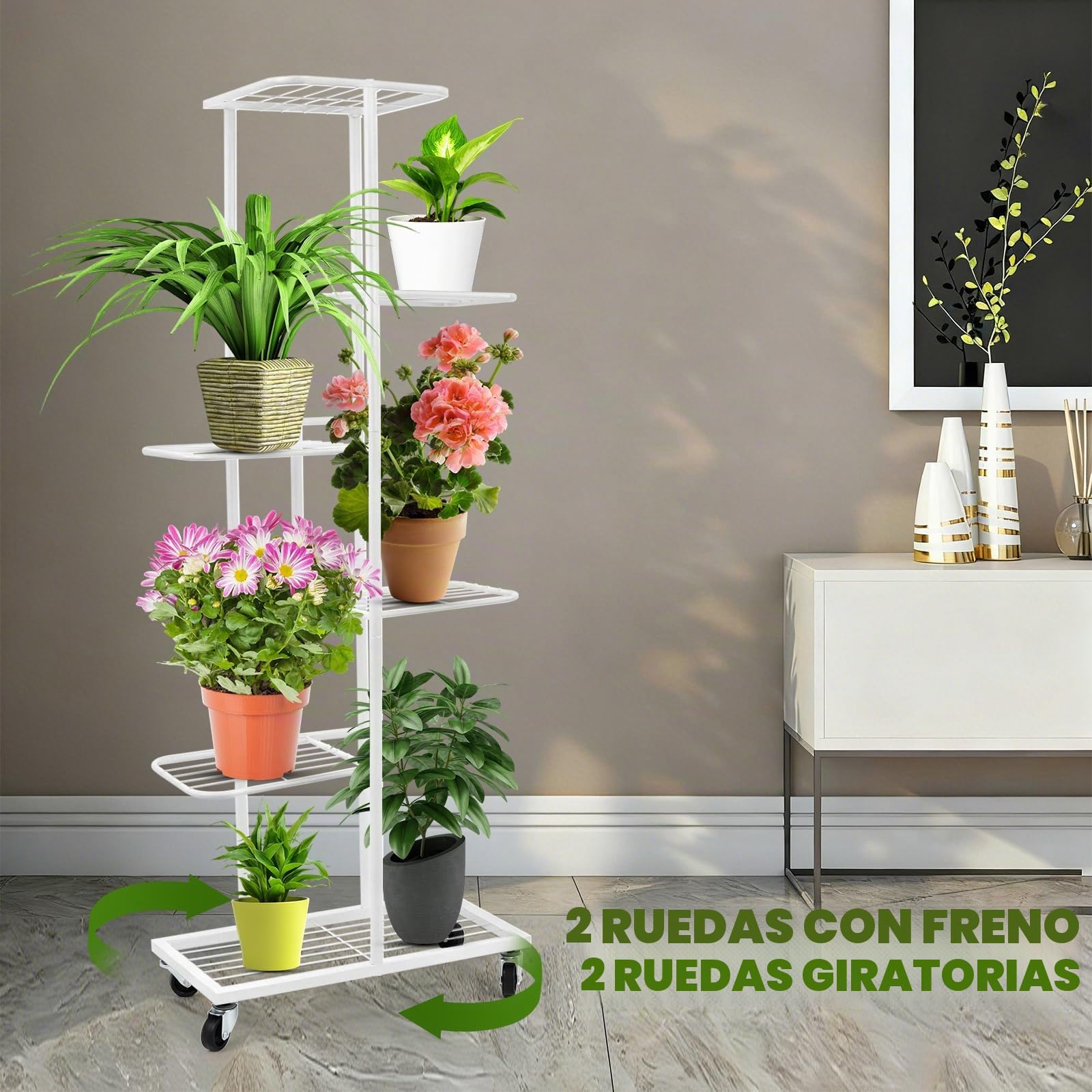 Estante para Plantas 6 Niveles, Estante de Metal con Ruedas, 108 cm de Altura, para Uso Interior y Exterior, Blanco