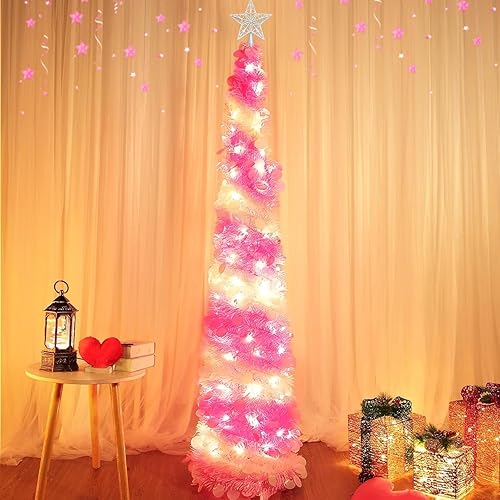 Miniatura 5 de TURNMEON Árbol de Navidad preiluminado de 5 pies con temporizador, 50 luces cálidas, estrella de oropel delgado con purpurina, decoración de árbol