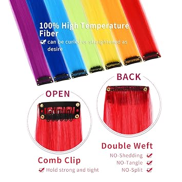 7 Pcs Colored Clip In Hair Extensions 20 Inches Multi-Colors Straight Hair Clip In Synthetic Hair Extensions For Women Girls Kids Gift Synthetic Hairpieces Can Be Hot Water Curl (20 Inch, 7 colors)