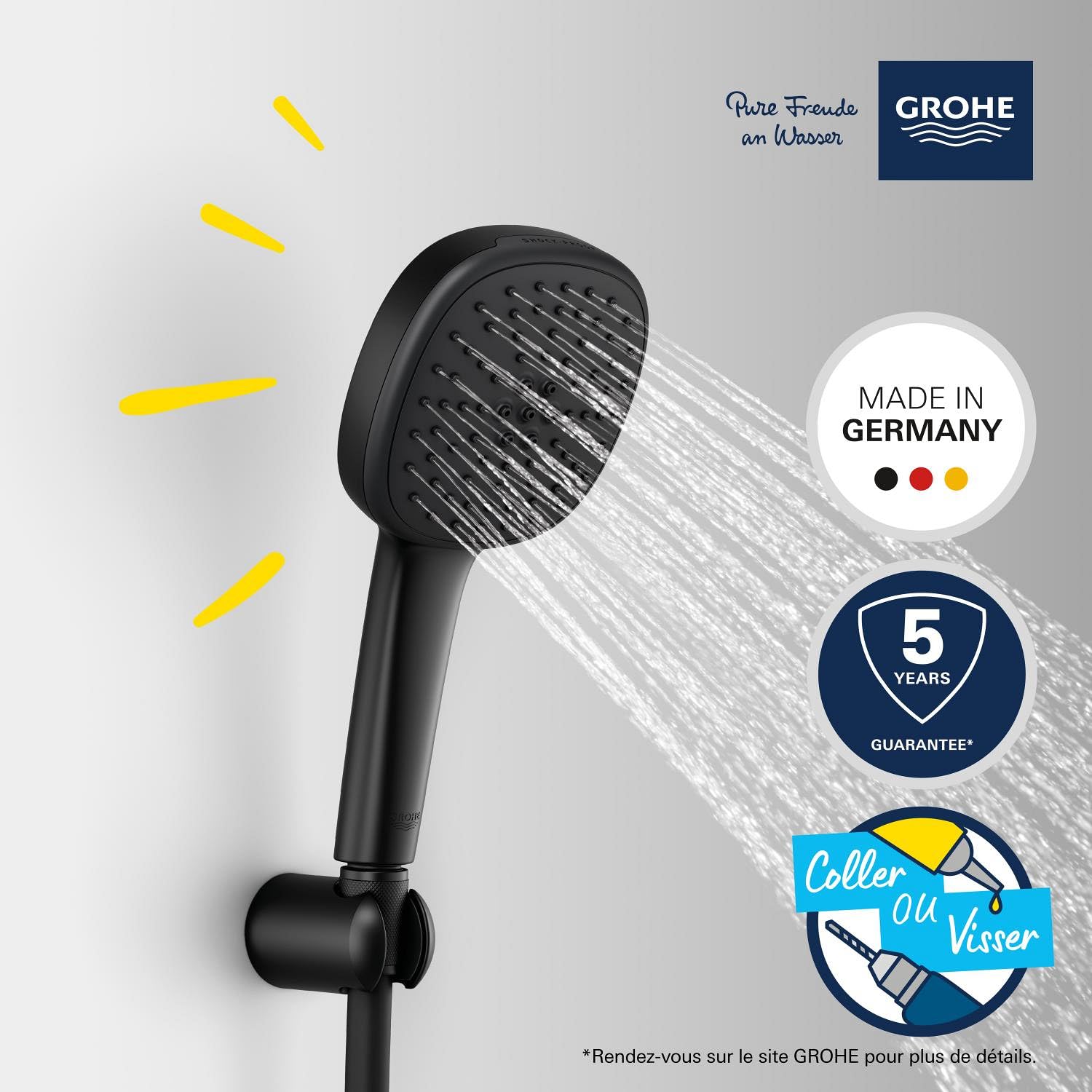 GROHE Vitalio Comfort 110, Ensemble de Douche avec Douchette Carrée 2 jets, Support Mural Universel, Flexible 1,75m, Economie d'Eau, A coller avec GROHE QuickGlue ou à visser, Noir Mat, 263992431