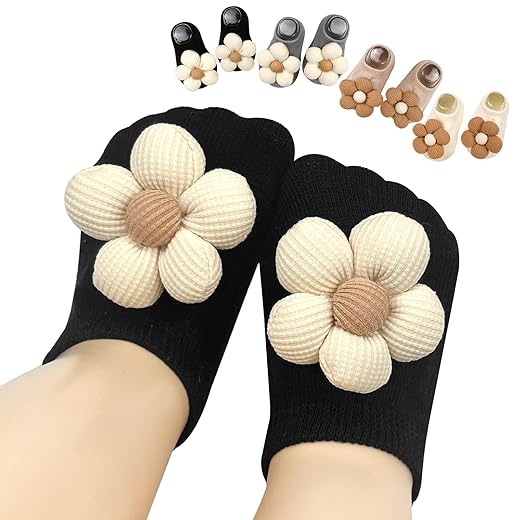 4Packs Baby Girls Socks,Flower Non-Slip Grips for Babies Toddler Princess Low Cut Ankle Socks for Girls