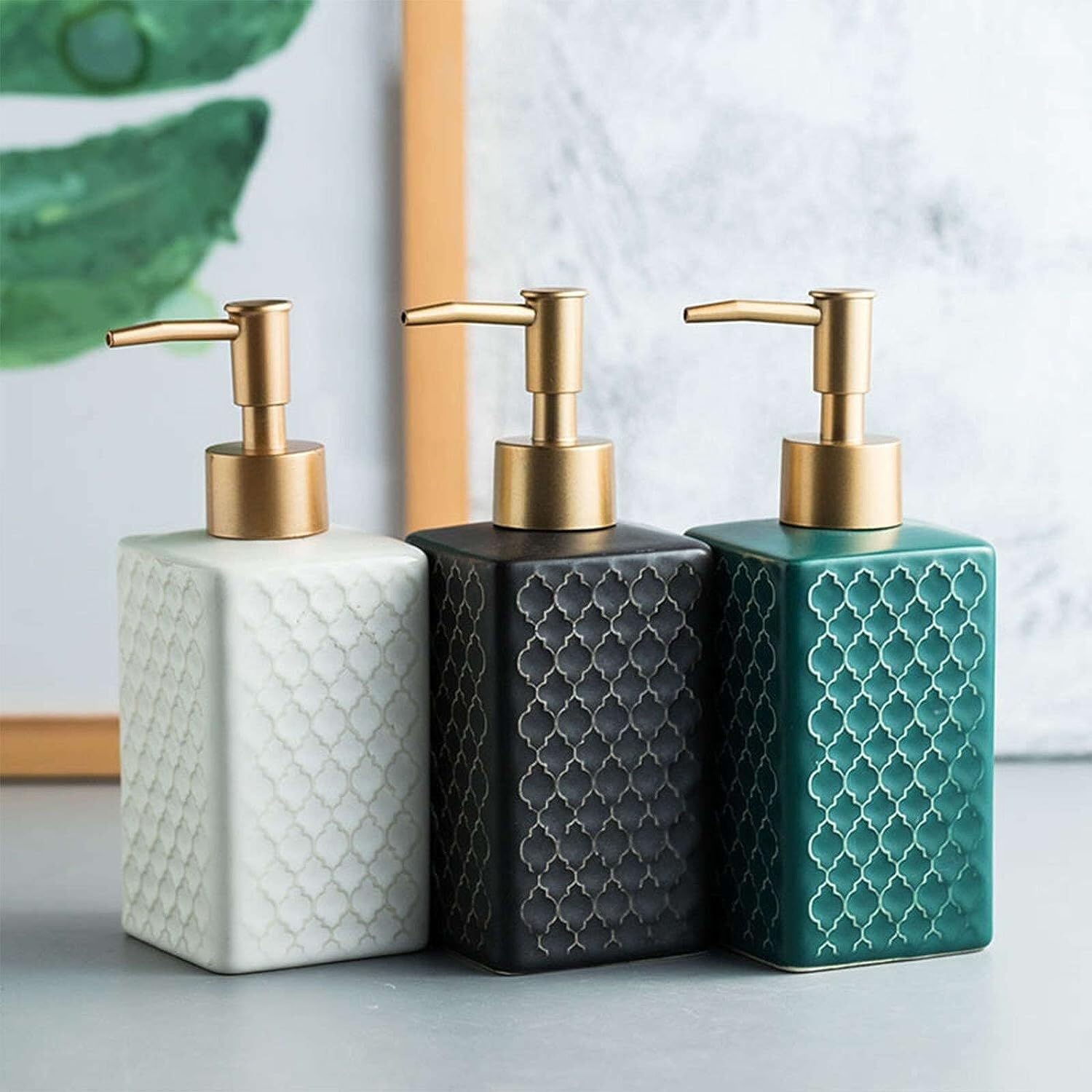 LekLai Dispenser di Sapone,Dispenser di lozione Quadrato in Ceramica retrò, Dispenser di Sapone for Le Mani, Dispenser di Shampoo Ricaricabile, Cucina bagno-nero-360ml16.7oz (Color : gr�n)