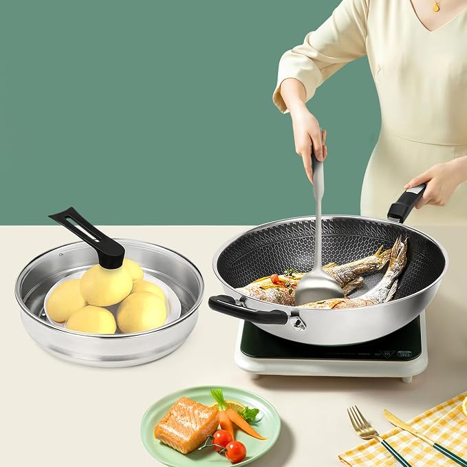 Wok de acero inoxidable con tapa y cesta al vapor 13in miniatura 4