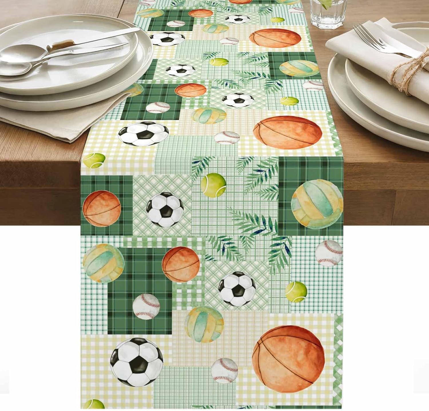 Sports Balls Basketball Football Table Runner 36 Inches Long Cotton Linen Dresser Scarves for Kitchen Daily Use Family Dinners Party Gathering Home Decor Green Plaid Patchwork Table Runners