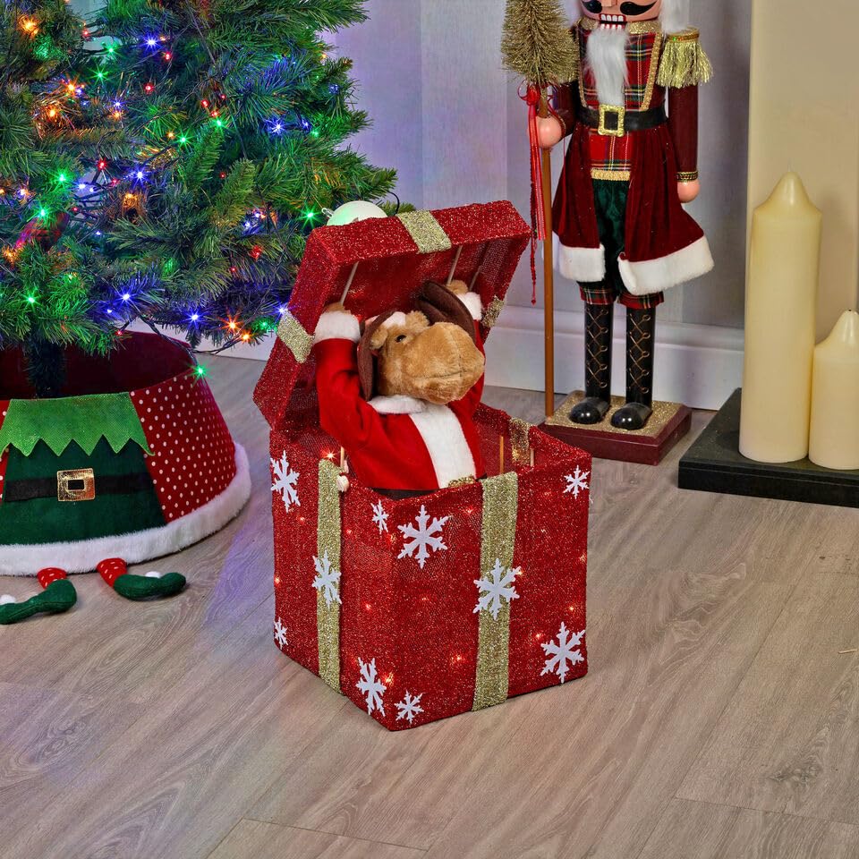 URBNLIVING Christmas Santa Figure Teddy Pop Up Musical Tunes Novelty Fun Toy Red Box & Gold Bow - Teddy Reindeer Gift Decoration Box Animated Ornaments for Home Fireplace Toys with Festive Lights Gift