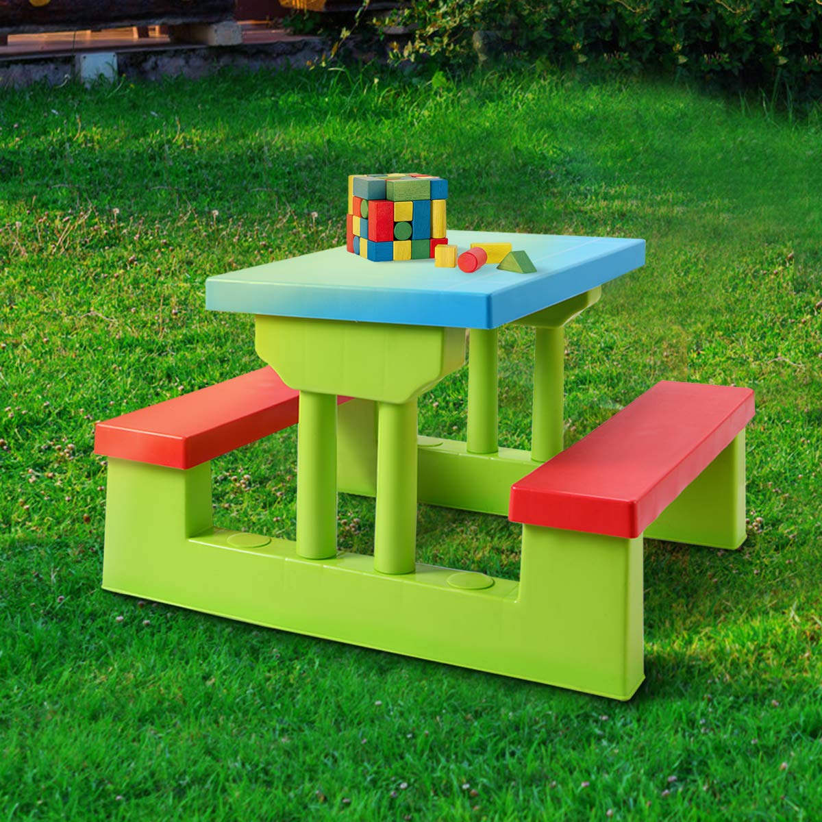COSTWAY Table de Pique-Nique Enfants avec Parasol Amovible, Salon de Jardin Enfants avec 1 Table et 2 Bancs Colorées, Cadre Solide pour Jardin Terrasse Patio, 107 x 107 x 137 CM