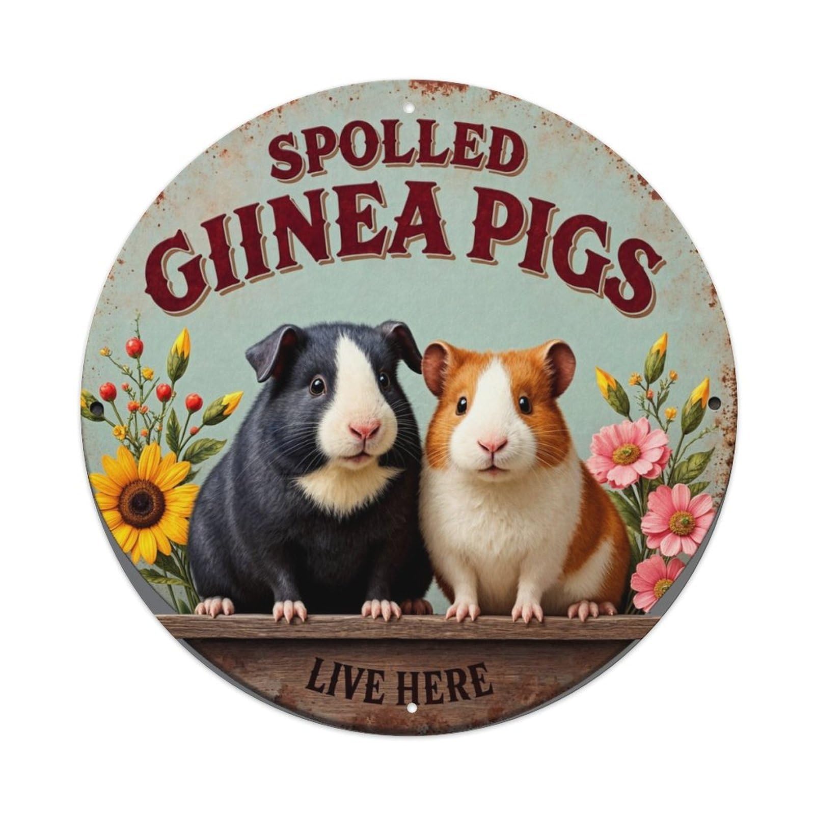 Spotted Guinea Pigs Floral Sign Round Metal Tin Sign Vintage Wall Decor, Bar Garage Cafe Kitchen Home Wall Art Poster 8x8inches