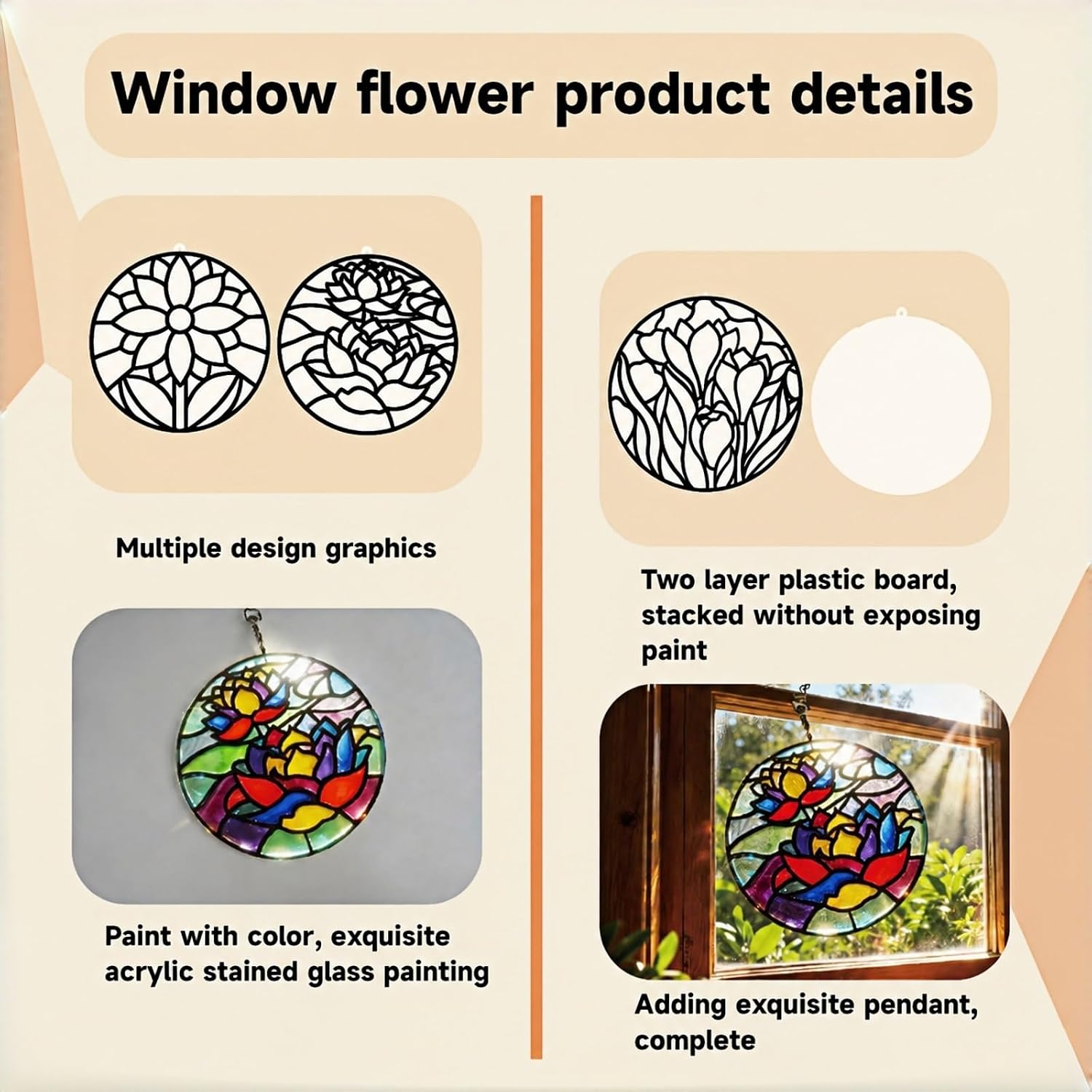 Woxzibb 3-Pack Stained Glass Painting Kit, DIY Acrylic Suncatcher Crafts, Window Ornaments for Spring Gifts Mother's Day Party Birthday Activity Home Decor