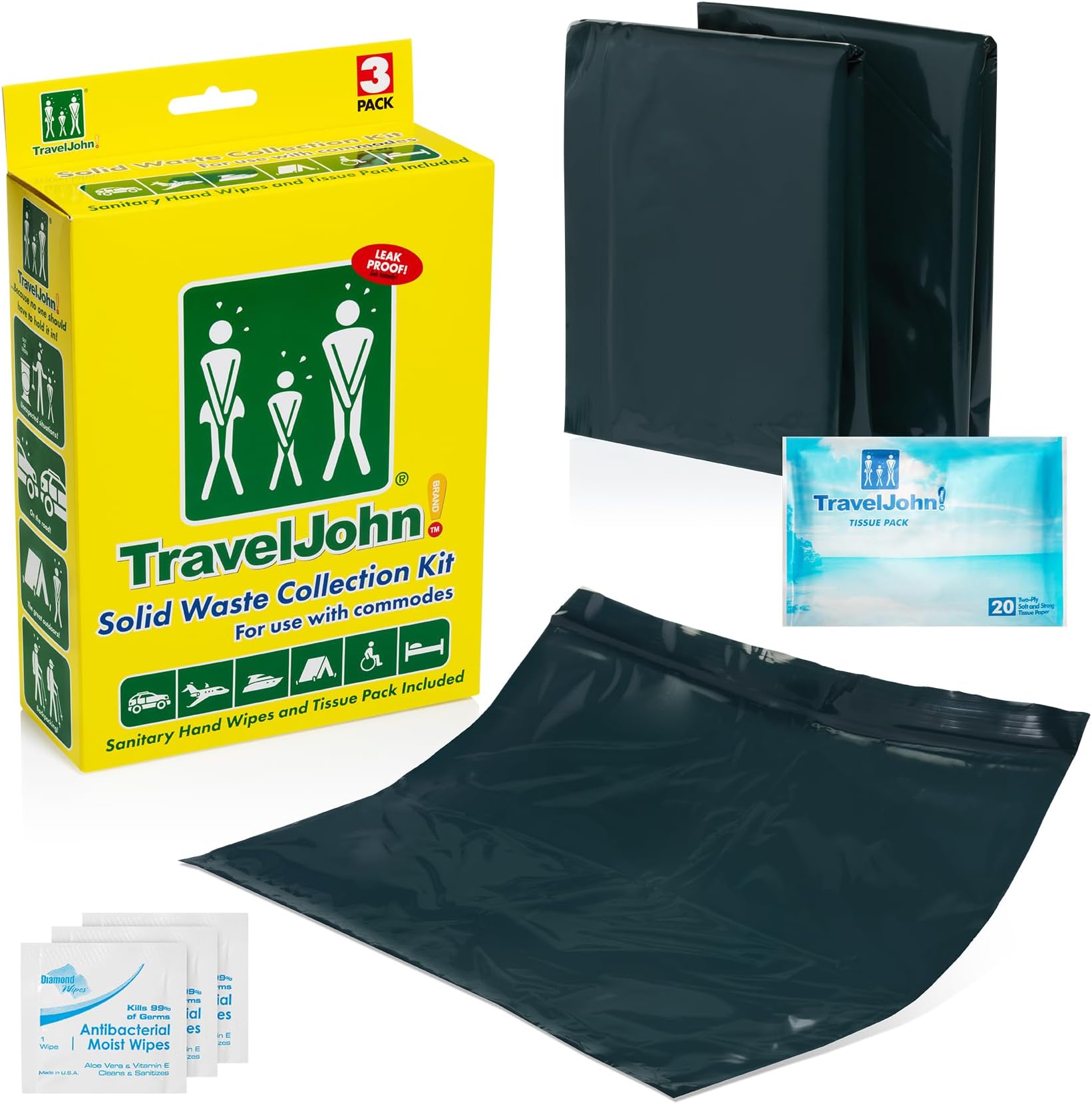 TravelJohn Portable Toilet Waste Bags - 3 Pack - Double Bag Leakproof Design - Inner Bag Gels All Liquid - Camping, Hunting, Hiking, Fishing, and More