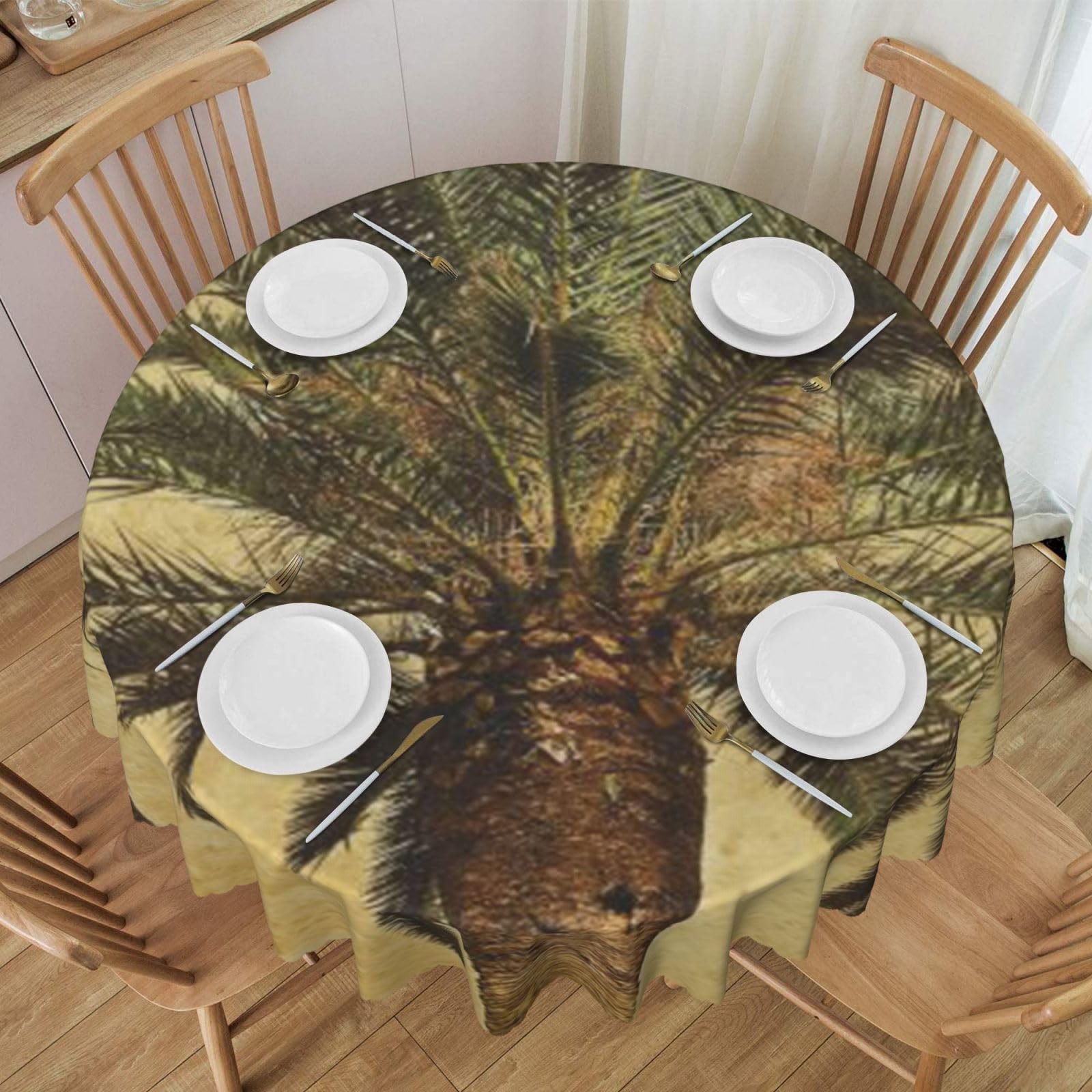 DCEHGEW 60 In Round Tablecloth with Lace, Palm Tree Tropical Printed Oilproof & Washable Fabric Picnic Table Cloth Table Covers