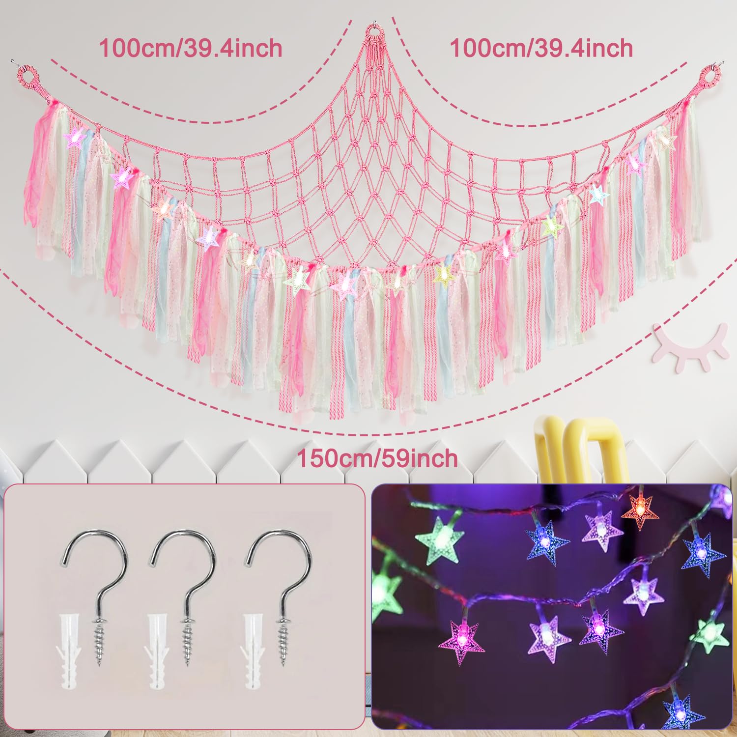 Lunriwis Teddy Hammock with LED Light, Boho Decor Plush Toy Storage Net, Teddy Bear Soft Toy Storage - Image 3
