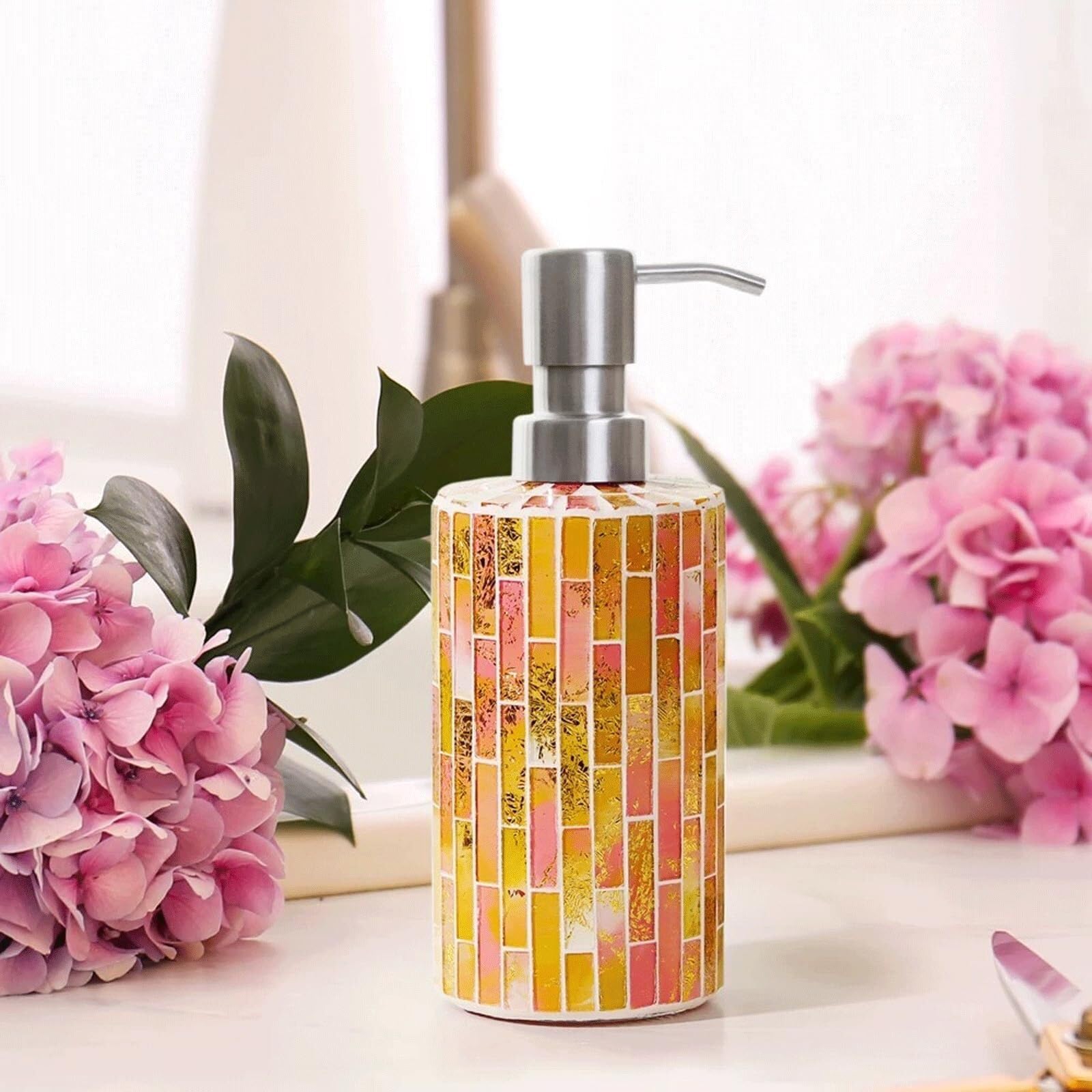 Dispenser di sapone ricaricabile da bagno con manico in vetro dal design a mosaico, adatto for l'uso di nuovi elementi essenziali for la casa