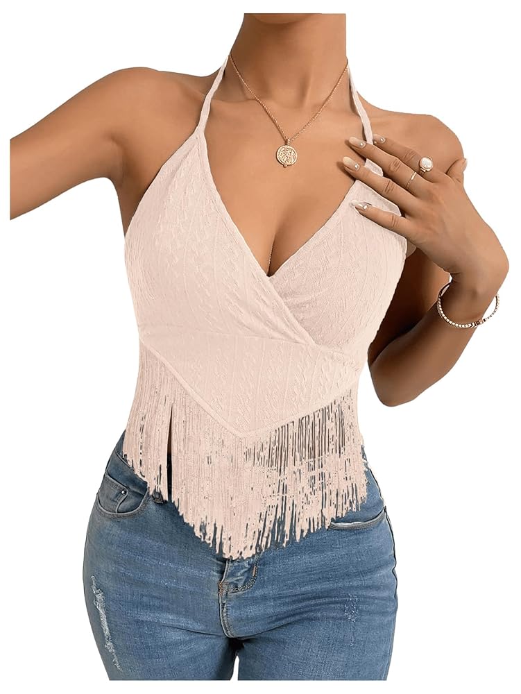 SweatyRocks Women's Sleeveless Fringe Hem Halter V Neck Wrap