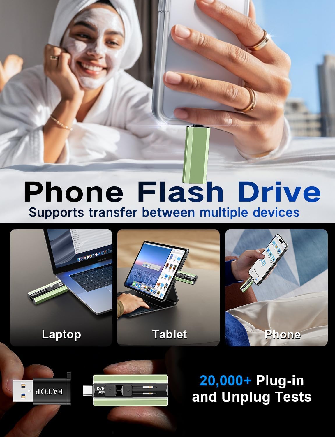 EATOP 256GB Dual Interface Flash Drive, No App Required, Portable USB Storage Memory Stick for iPhone, iPad, Android, PC & Mac – Easily Stores Photos, Videos & Files (Sage Green)