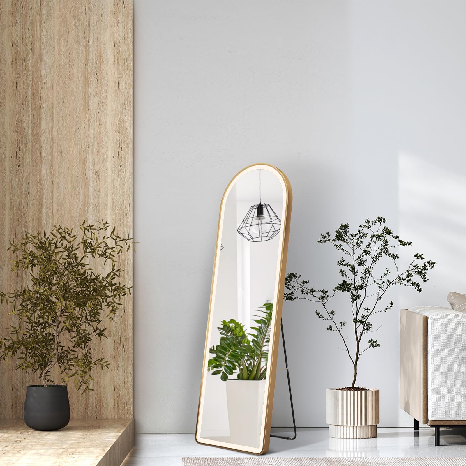 EMKE Specchio ad Arco da Terra, Dorato, 147x45 cm, 3 Colori di Luce, Funzione Memoria,Interruttore Touch, da Appoggio o da Appendere,Ideale per Camera da Letto, Soggiorno o Ingresso