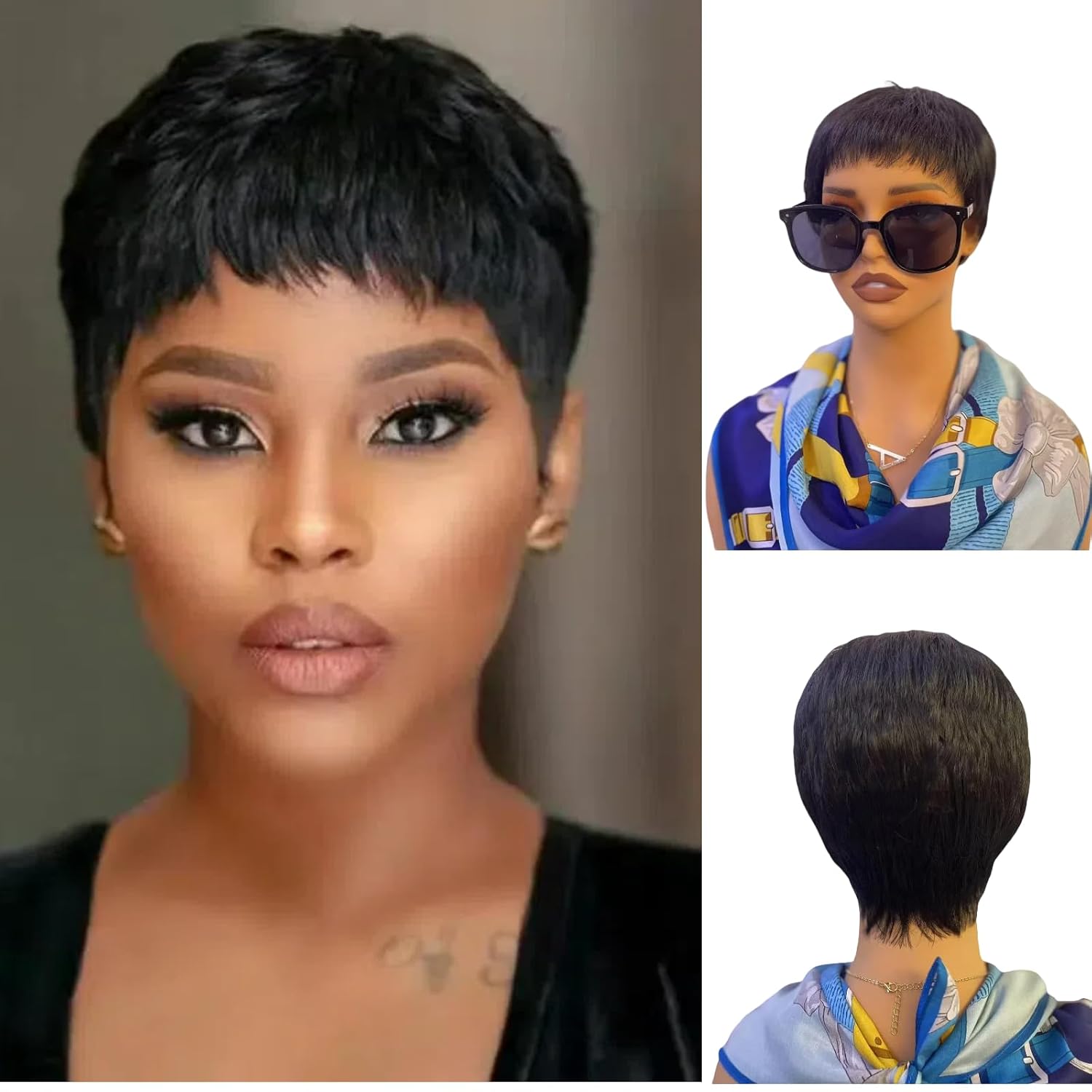 Synthetic Wig for Black Women（Matt-color synthetic hair is 100% similar as human hair） – Stylish Short Pixie Wigs for Black Women with Short Hair and Short Bangs Wig （ Average size 21.5in cap size）