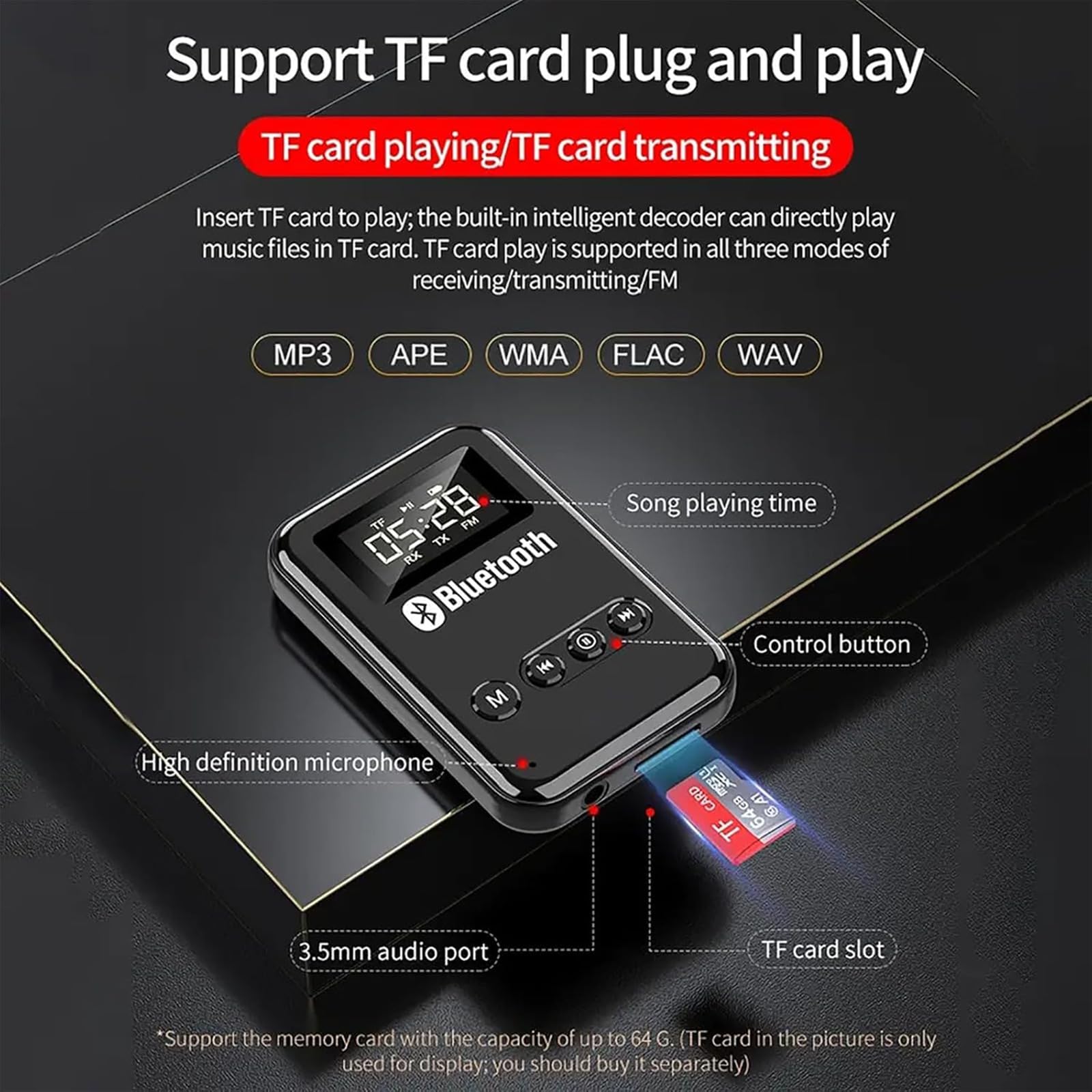 Ricevitore trasmettitore Bluetooth 5.0, adattatore ricetrasmettitore wireless portatile ricaricabile con jack da 3,5 mm, supporto riproduzione scheda TF/trasmissione FM (87,5~108HMZ FM), per altoparla