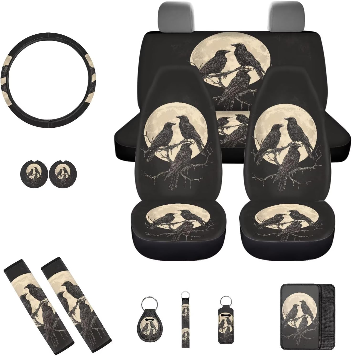 Creepy Full Moon Raven Halloween Car Seat Covers Full Set,Universal Car Steering Wheel Cover/Armrest Cover/Seatbelt Covers/Coasters/Lip Holder/Keychains