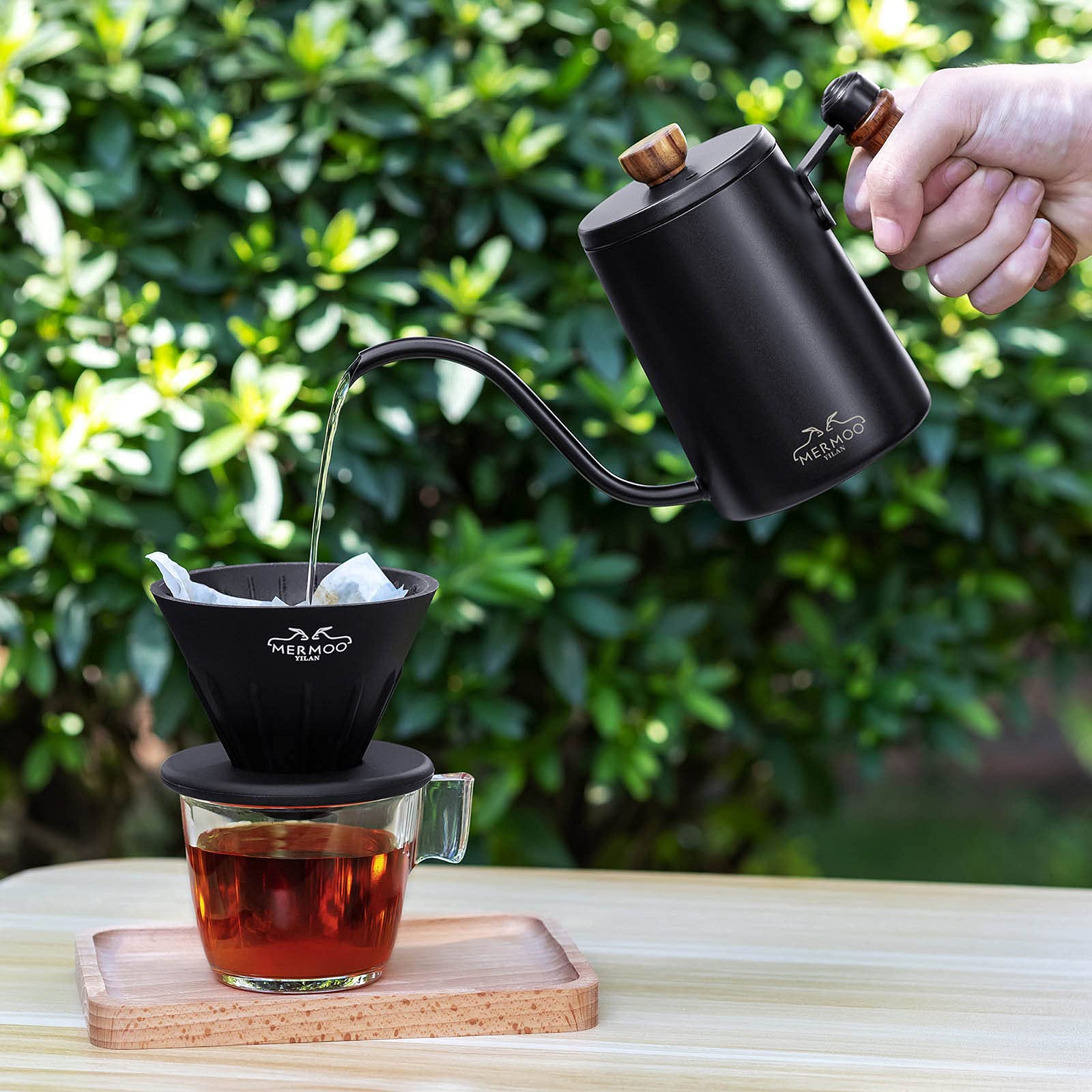 MERMOO YILAN Coffee Kettle Pour Over Coffee Maker 600ml Tea Pot Gooseneck Kettle Stovetop Stainless Kettle with Anti-scald Handle(black)