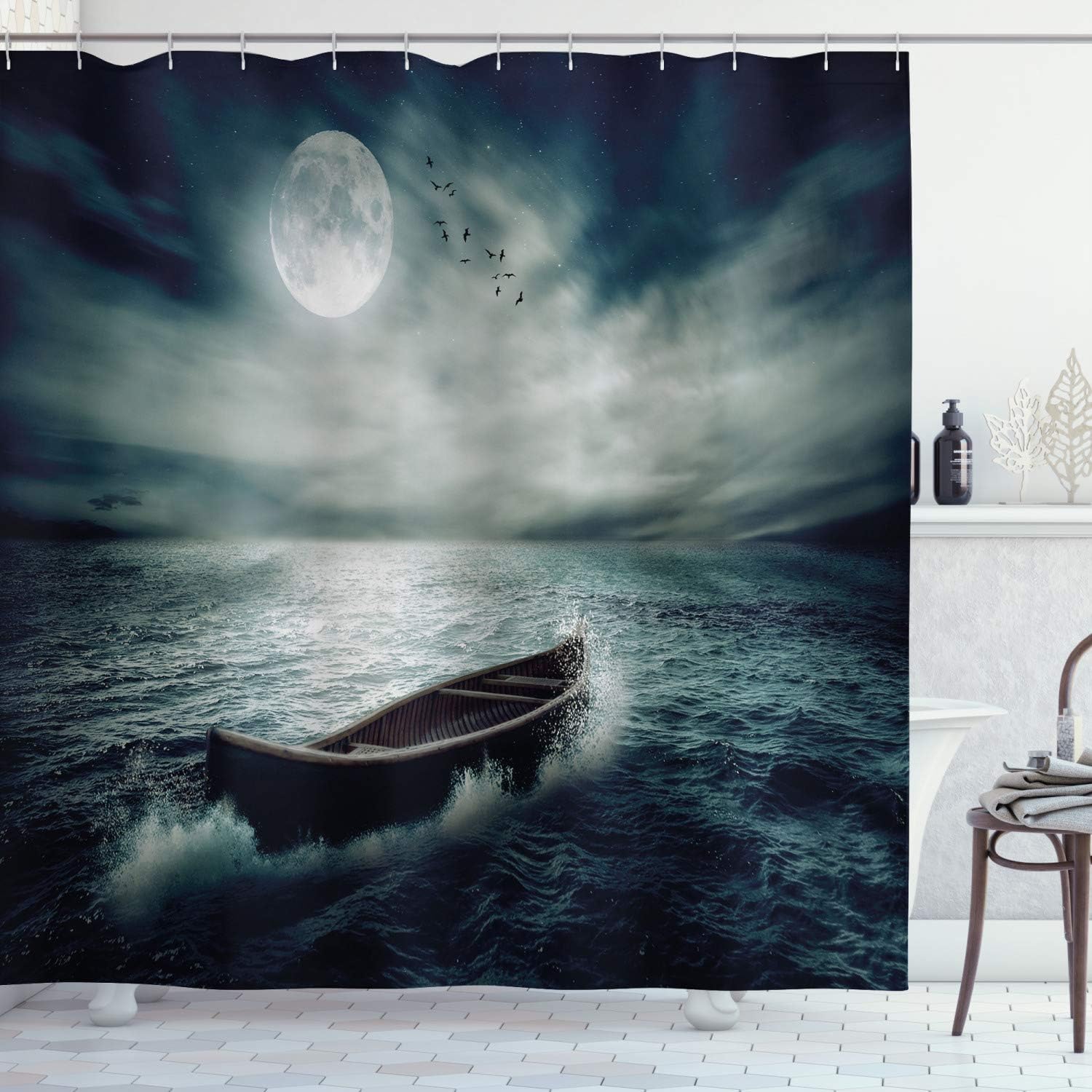 Ambesonne Fishing Shower Curtain, Boat Drifting in Ocean Full Moon Dramatic Night Sky Life Hope Conceptrt, Cloth Fabric Bathroom Decor Set with Hooks, 69" W x 70" L, Dark Blue White