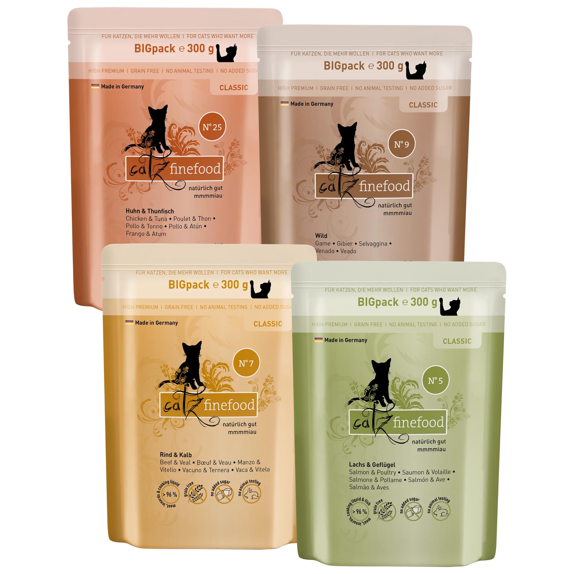 catz finefood Classic Adult Mix Katzenfutter nass mit Huhn & Thunfisch, Wild, Rind & Kalb sowie Lachs & Geflügel, Gluten- & getreidefrei, ohne Zuckerzusätze, Made in Germany (24 x 300g Pouches)