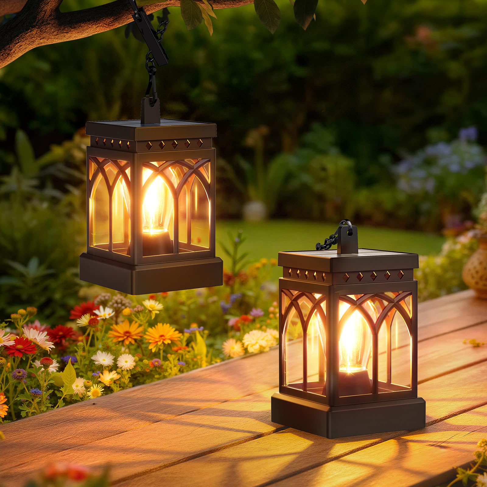 Photo 1 of KOOPER 2 Pack Solar Lanterns Outdoor Waterproof, Brighter Hanging Solar Lantern Lights for Outside, Auto ON/Off Lanterns Decorative Outdoor for Garden Table Yard Path Tree Patio Lawn Decor, Gifts