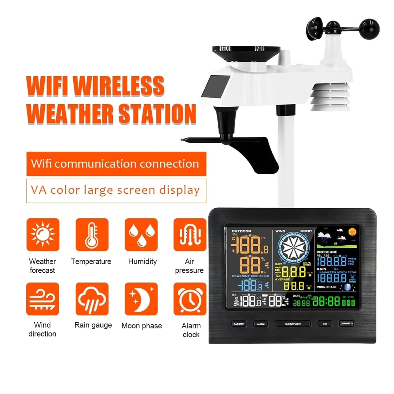 Weather Stations with Outdoor Sensor Wireless, Weather Station 8 in 1 Internet Wireless with Outdoor Sensor Rain Gauge Professional Weather Forecast Humidity Wind Gauge,for Home