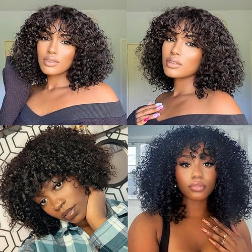 Miniatura 6 de SUPERNOVA Peluca corta afro rizada con flequillo, pelucas de cabello humano rizado real negro natural, densidad 180, hecha a máquina, sin encaje